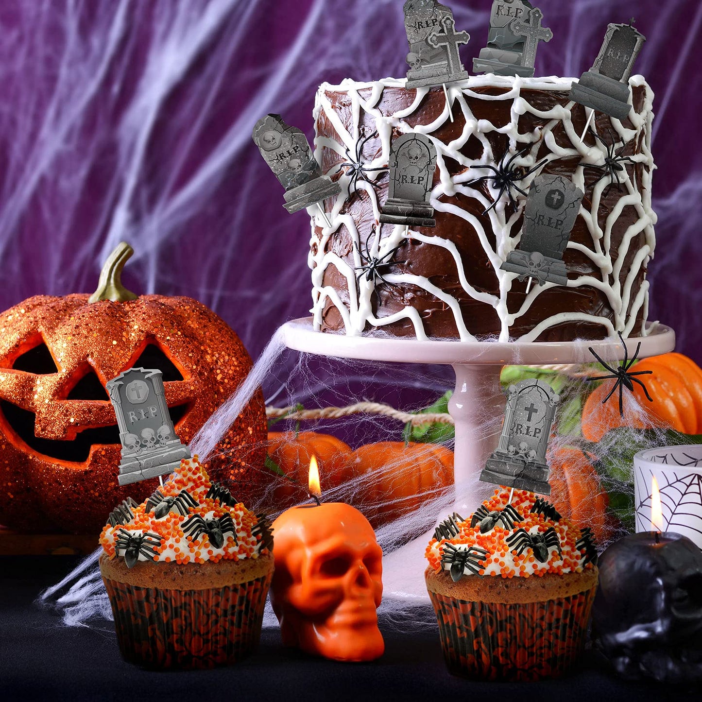 Whaline 24Pcs Halloween Cupcake Toppers 8 Designs Tombstone Graveyard Cake Toppers Scary Cupcake Decoration Table Centerpiece St
