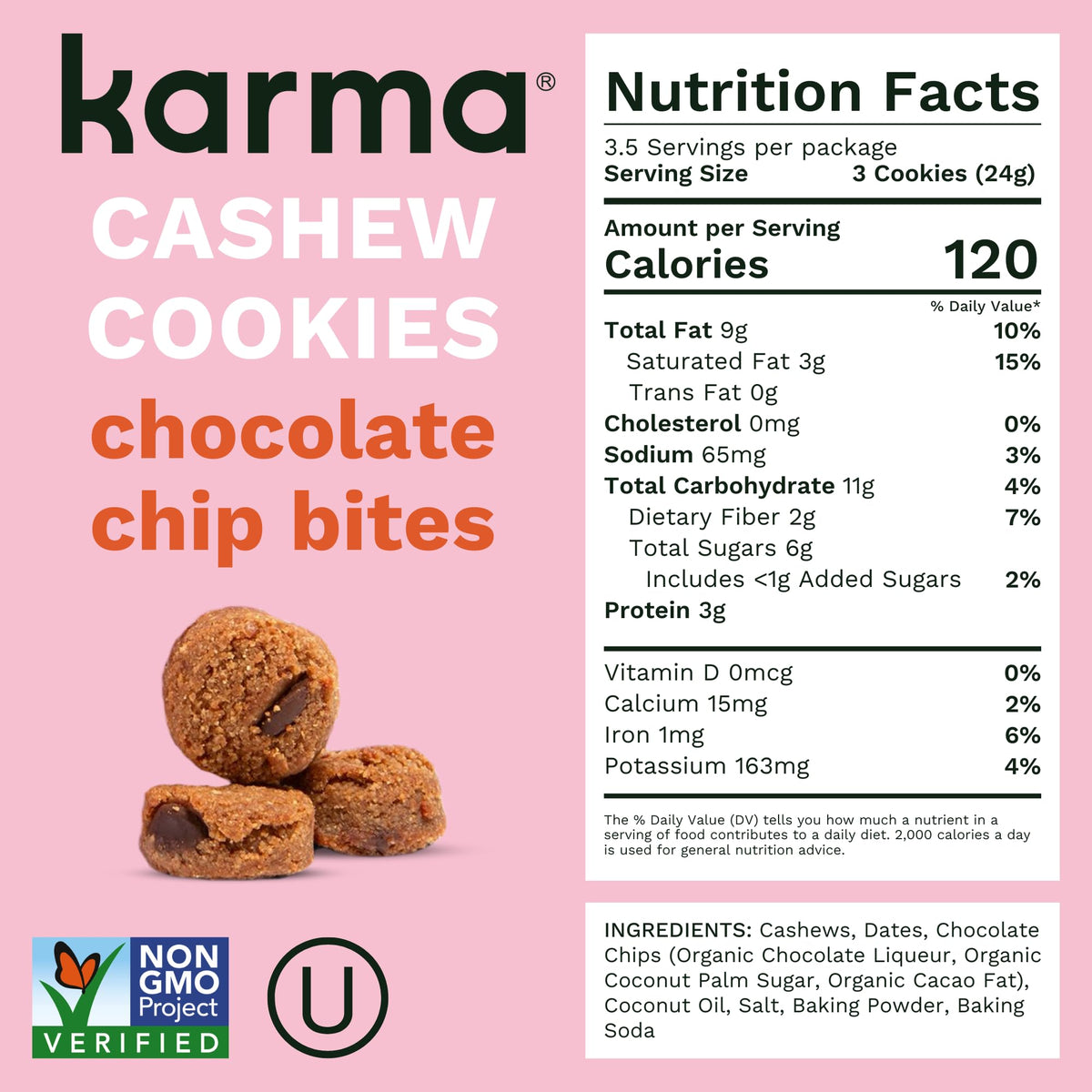 Karma Nuts Chocolate Chip Cashew Cookie Bites (3 Oz, Pack Of 6) - Gluten-Free Cookies, Non-Gmo Flavored Cashews Cookie, Soft & C