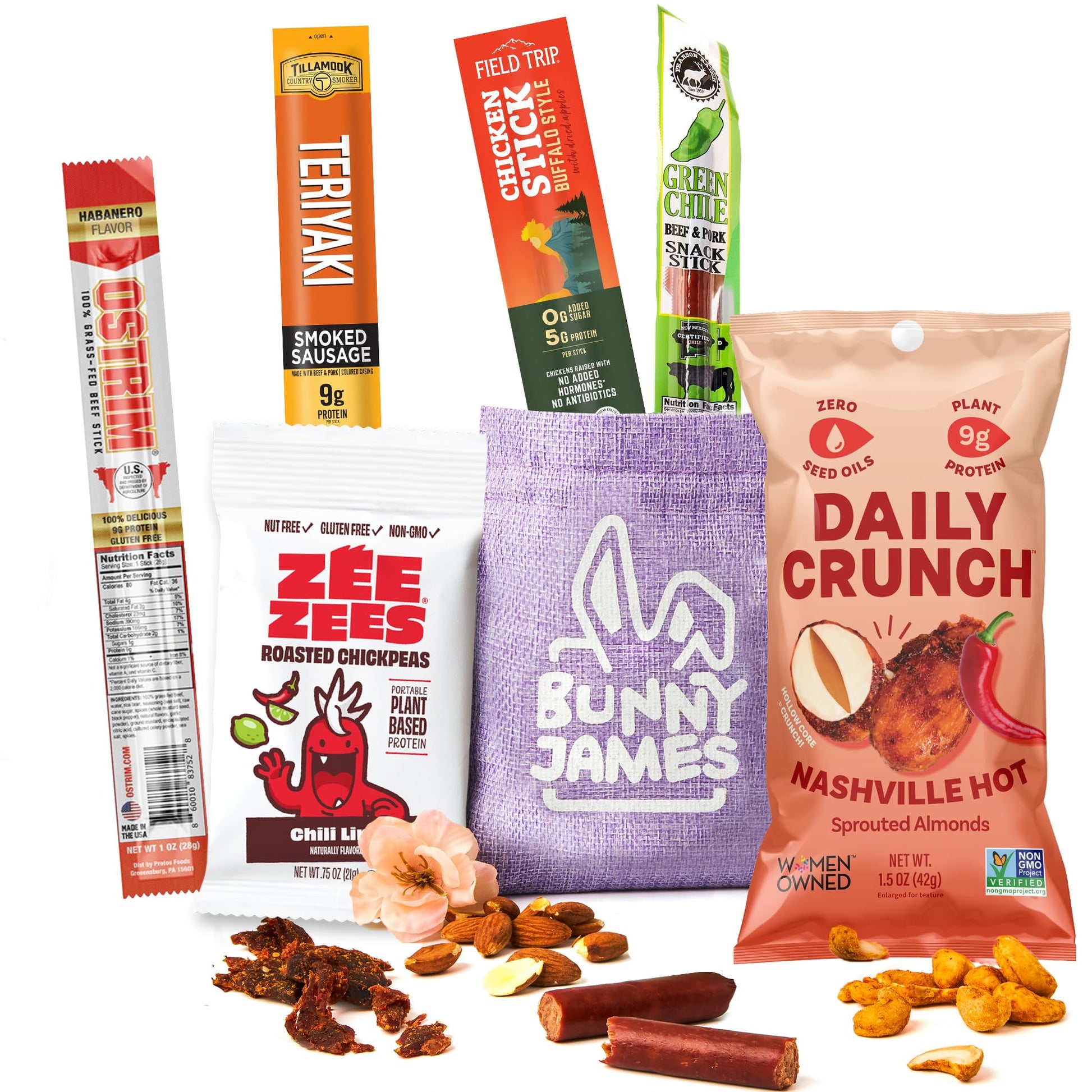 Spicy Jerky & Nuts Gift For Men - Basket Stuffers for Adults Prefilled w Curated Exotic Beef Jerky - Premade Gift Bag for Dad, M