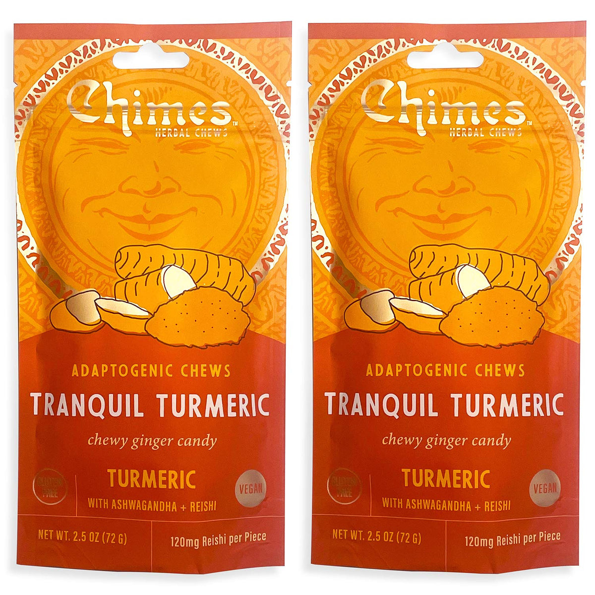 Chimes Tranquil Turmeric Adaptogen Ginger Chews Candy - (2 Pack With Ashwagandha, Reishi and Turmeric with Curcumin) Vegan, Glut