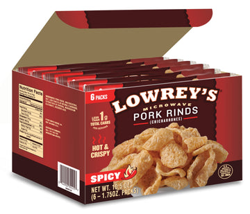 Lowreys Bacon Curls Microwave Pork Rinds (Chicharrones) Hot And Spicy 1.75 Ounce (Pack Of 6)
