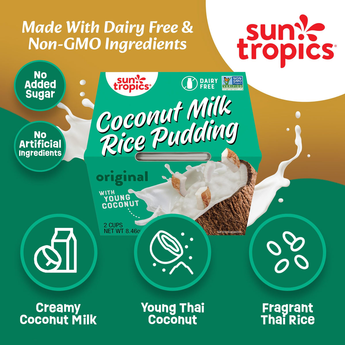 Sun Tropics Coconut Milk Rice Pudding Snack, Original | Vegan Pudding, Dairy Free Pudding Snacks | Gluten Free, Low Sugar, Non-G
