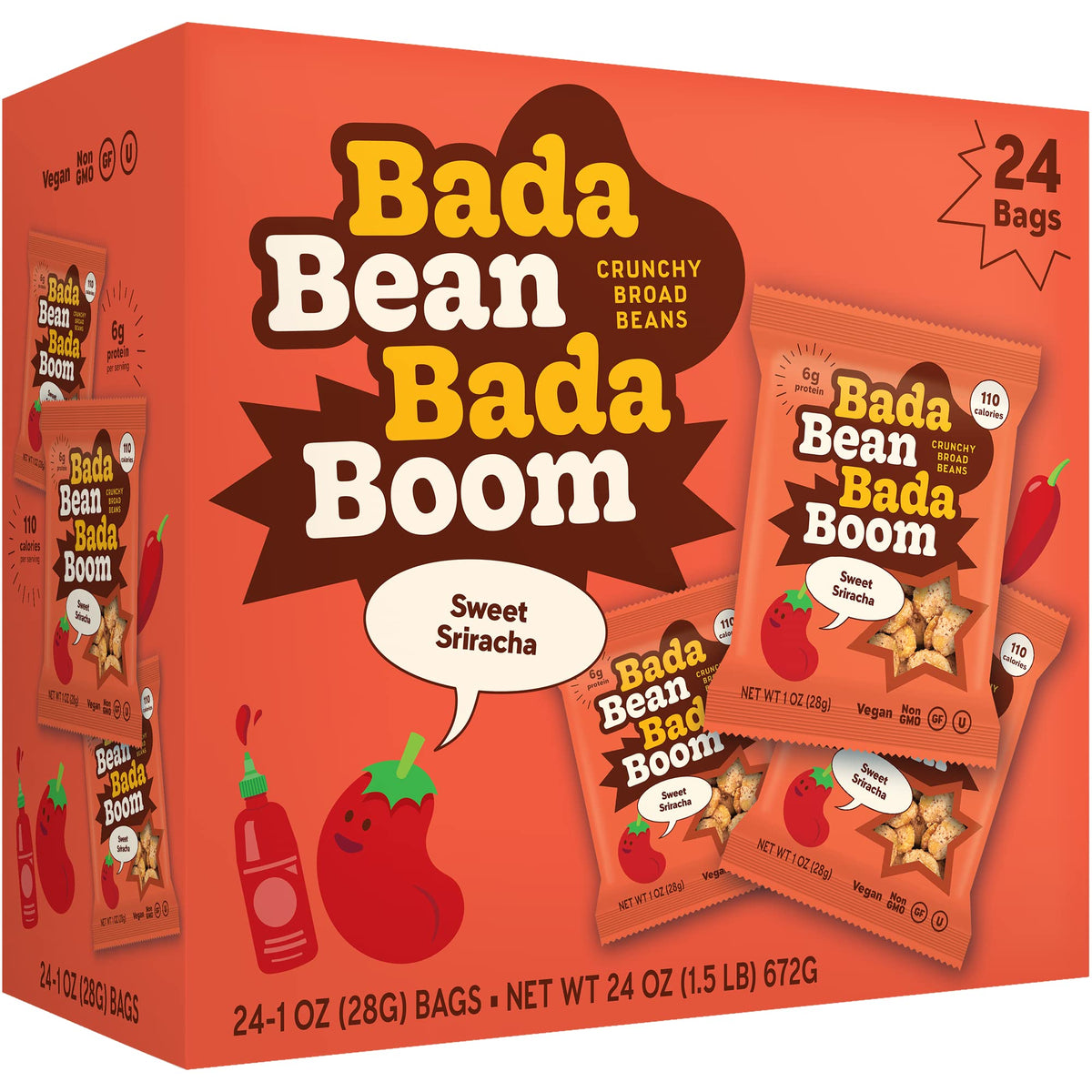 Enlightened Bada Bean Bada Boom Sriracha Snacks, Plant-Based Protein, Gluten Free, 1 oz, 24 Pack, Red