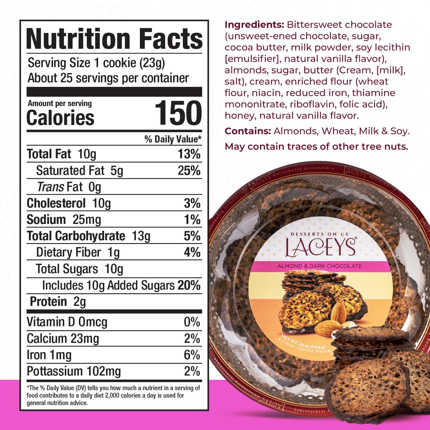 Laceys Gourmet Cookies - Handcrafted Light & Crispy Almond & Dark Chocolate - 25 Ounce