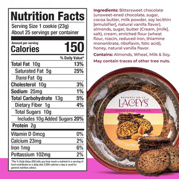 Laceys Gourmet Cookies - Handcrafted Light & Crispy Almond & Dark Chocolate - 25 Ounce