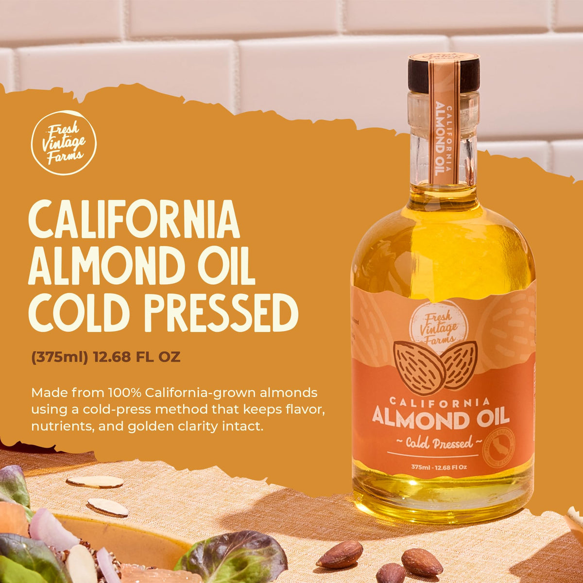 Fresh Vintage Farms Almond Oil 100% Pure Cold Pressed 12.68 Fl Oz Pack of 1