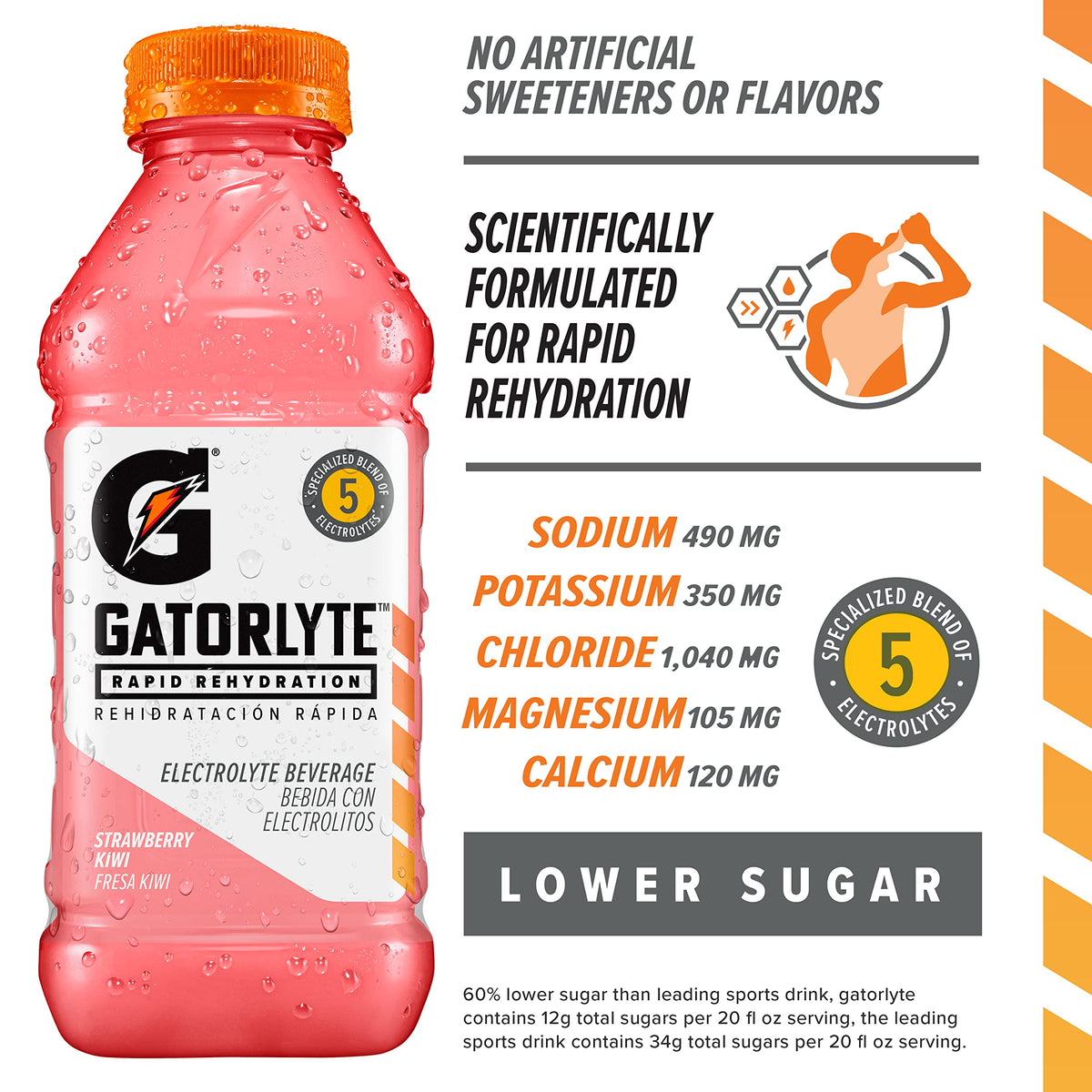 Gatorlyte Rapid Rehydration Electrolyte Drink, Strawberry Kiwi, Specialized Blend of 5 Electrolytes, Lower Sugar, No Artificial
