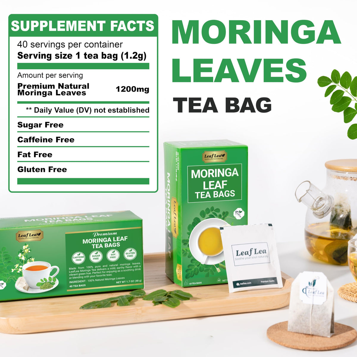 LeafLea Moringa Tea Bags - Premium Herbal Blend, Caffeine-Free, Sugar-Free, Vegan, Non-GMO, 120 Bags (Pack of 3)