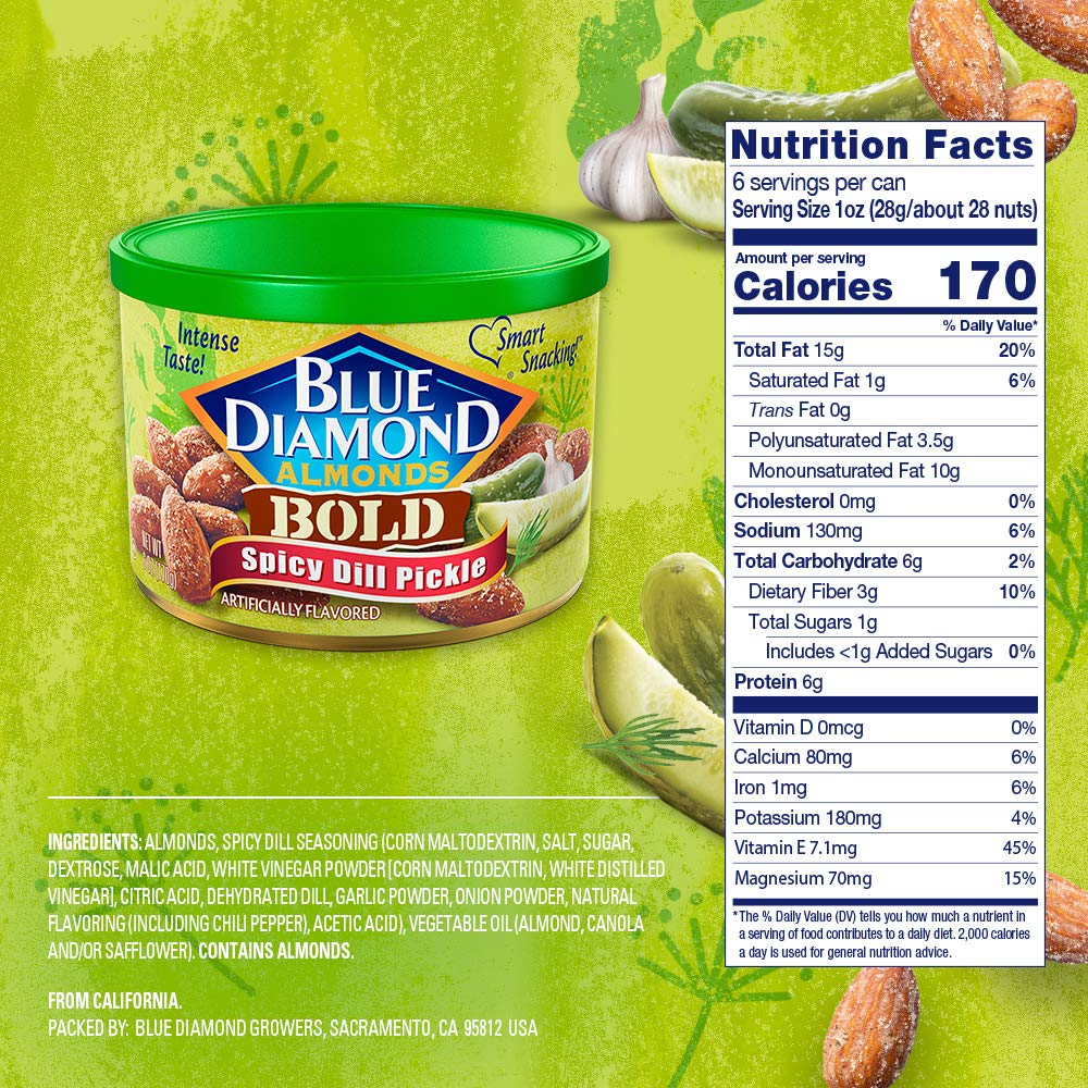 Blue Diamond Almonds Spicy Dill Pickle Flavored Snack Nuts, 6 Oz Resealable Can (Pack of 2)