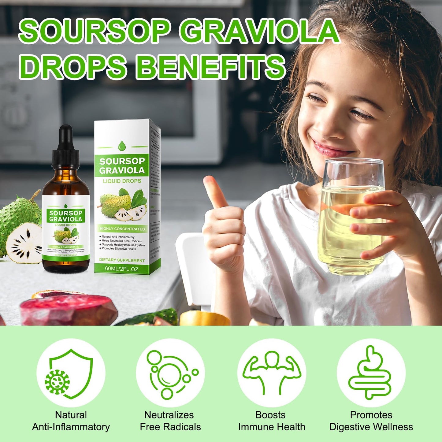 QJCWXIAOX Soursop Graviola Liquid Drop, Nature Soursop Extract Liquid for Cell Support & Regeneration, Immunity, Liver & Antioxi