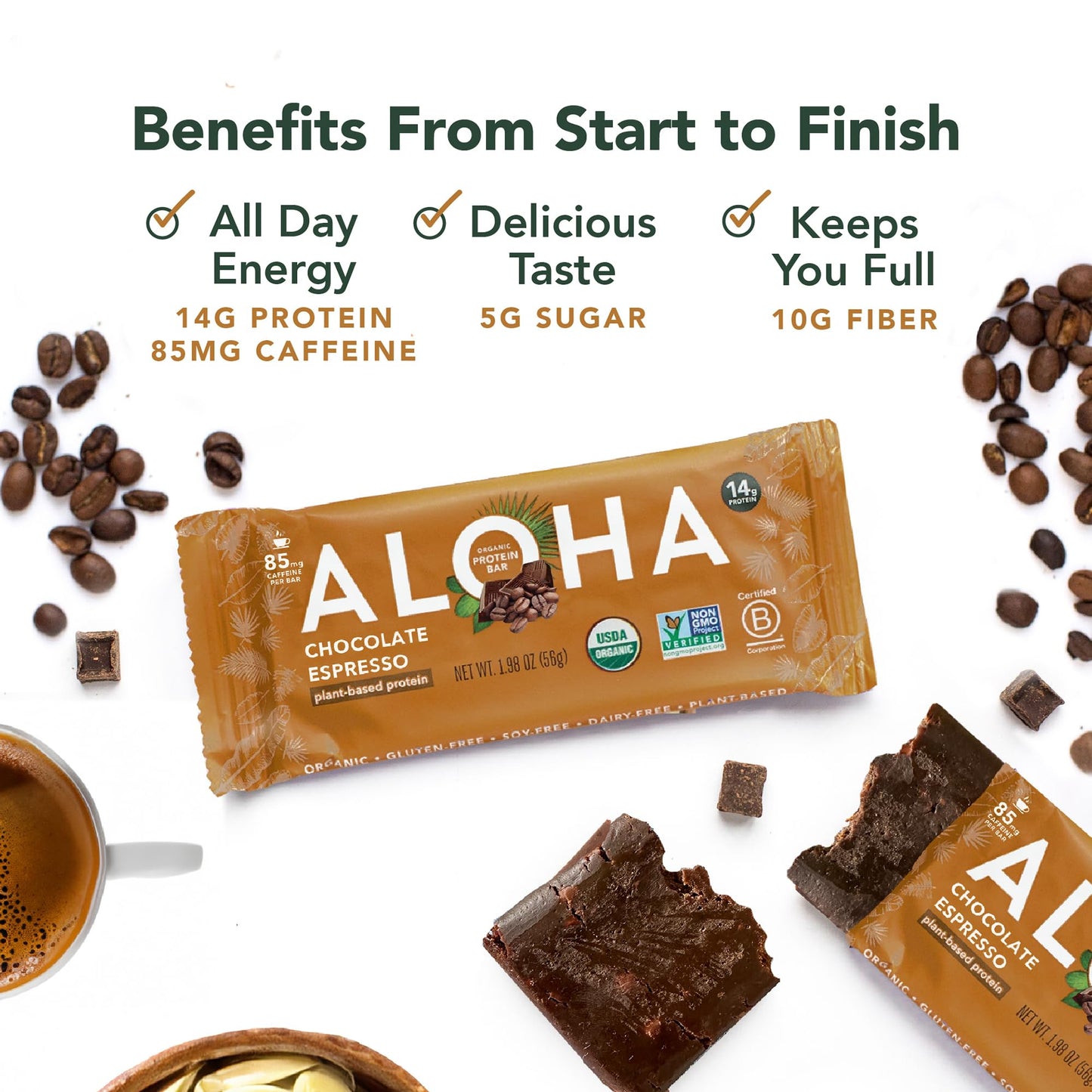 ALOHA Organic Plant Based Protein Bars - Chocolate Espresso, Vegan, Gluten-Free, Low Sugar, 12 Bars, 1.98 oz per Bar