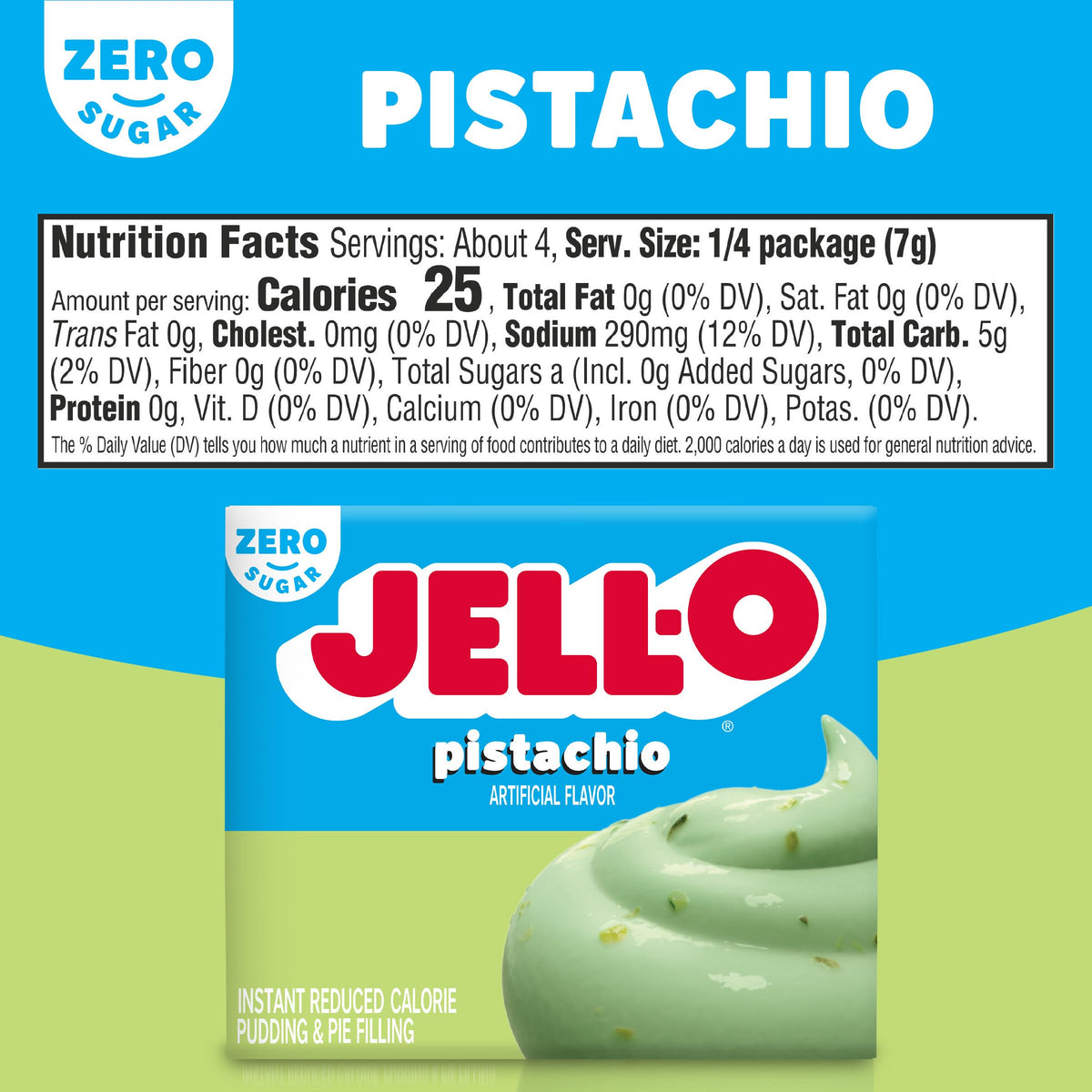 Jell-O Pistachio Zero Sugar Instant Reduced Calorie Pudding & Pie Filling Mix, 1 oz Box