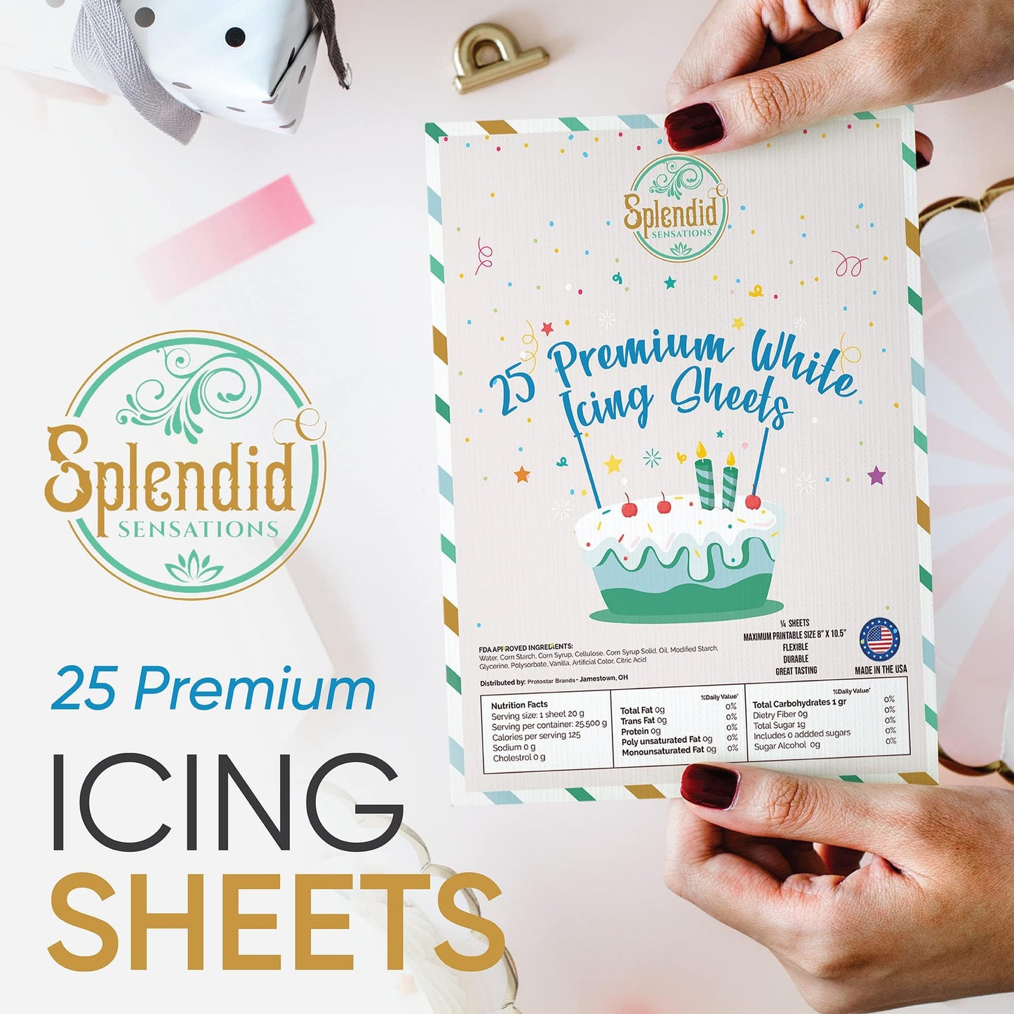 Splendid Sensations 25 ct Edible Paper  Edible Printer  Edible Images for Cakes  Edible Paper for Cakes and Cookies  Sugar Paper  Icing Sheets  Edible Cake Images  Edible Cake Prints