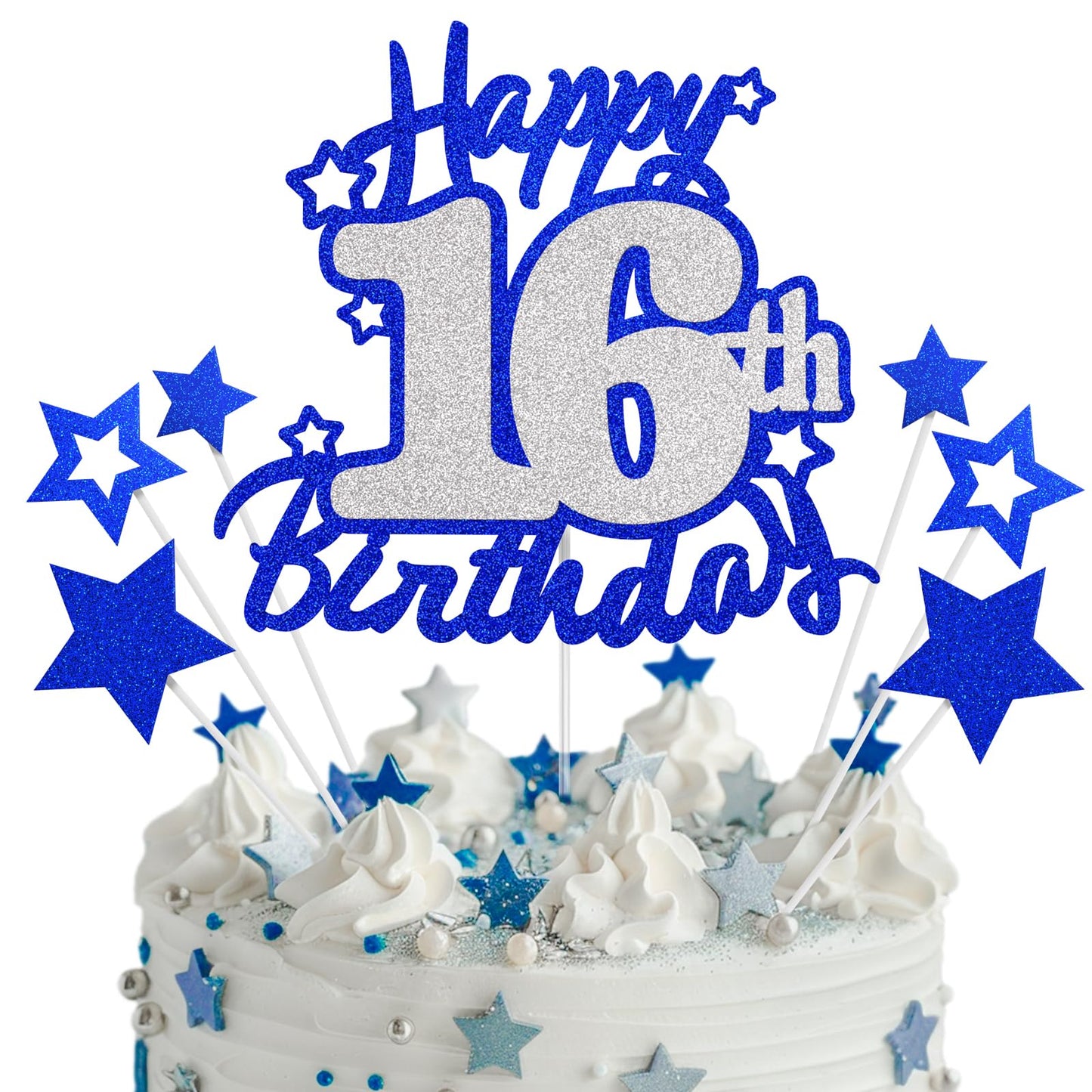 Happy 16th Birthday Cake Topper, Blue and Silver Glitter Cake Toppers, 16 Year Birthday Party Cake Decoration