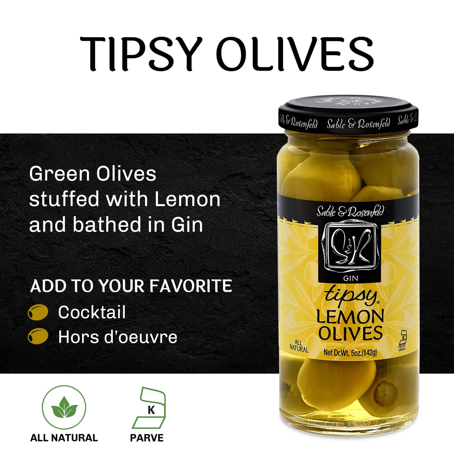 Sable & Rosenfeld Tipsy Olives - Green Olives Stuffed with Lemon - 5 oz Pack for Cocktails and Garnishes