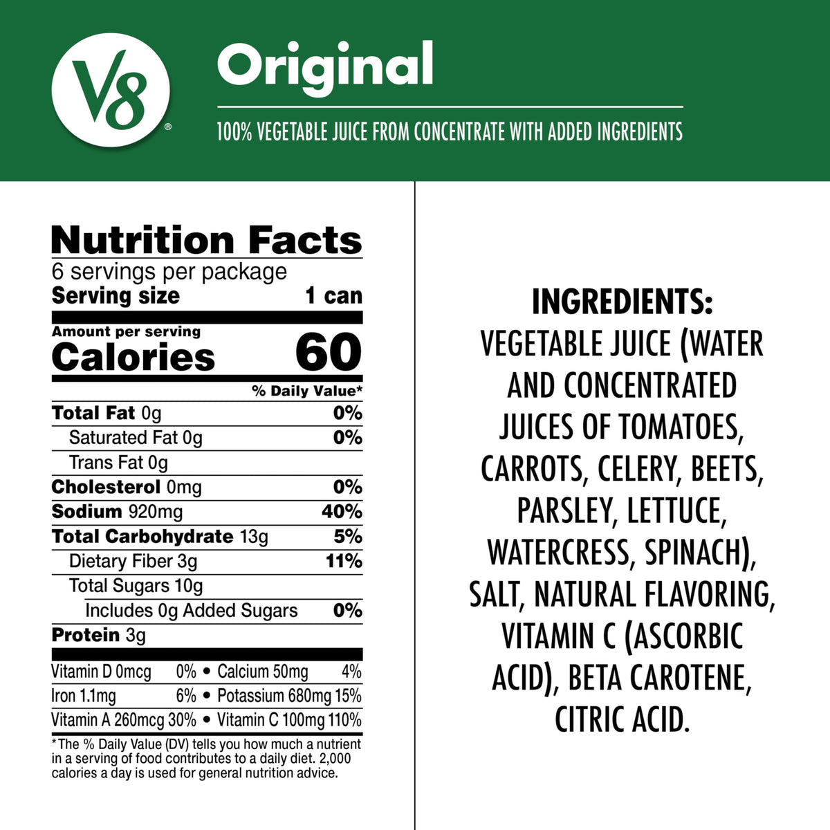 V8 Original 100% Vegetable Juice, 11.5 fl oz | Can | Pack of 24