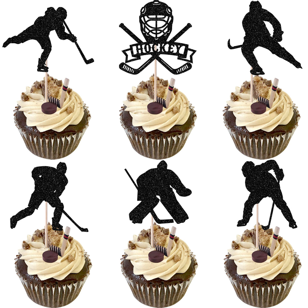 Rsstarxi Hockey Cupcake Toppers - 24 Pack Cake Decorations - Paper - Black - Model XM545-black