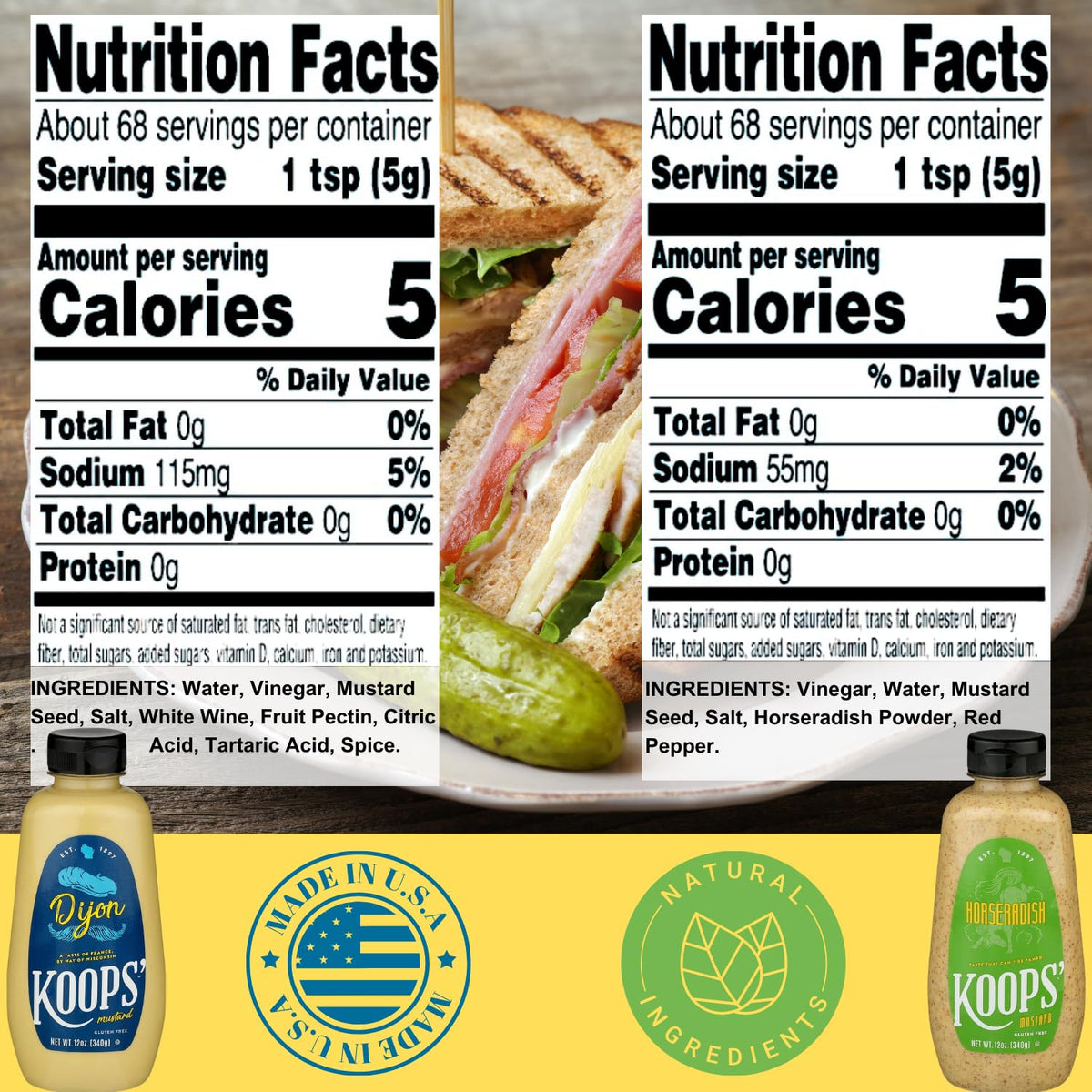 KOOPS' Mustard Variety Pack - Gluten-Free, USDA Organic, 12 Oz (Pack of 10) - Original Yellow, Spicy Brown, Dijon, Honey Mustard