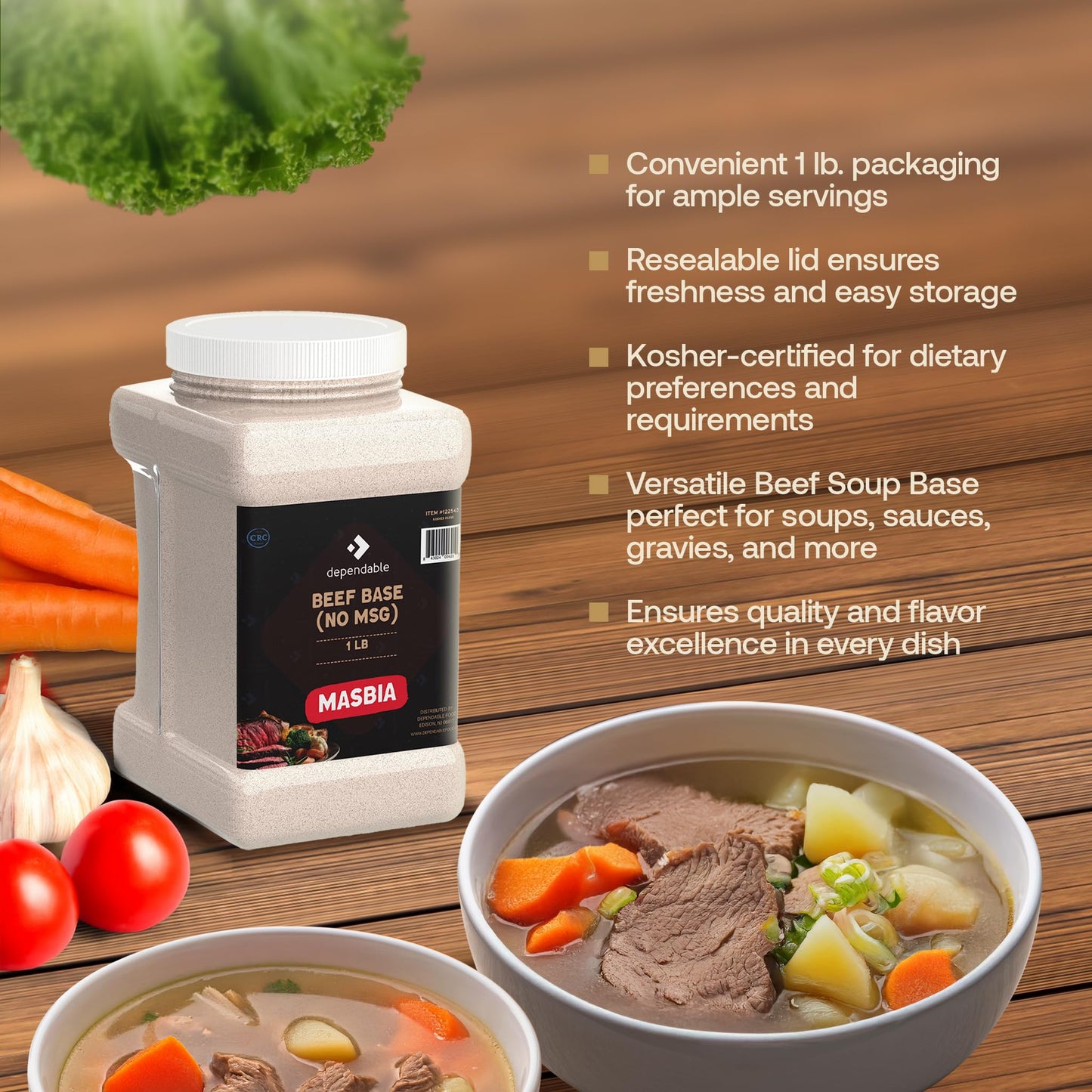 Dependable Food Beef Soup Base - Beef Flavor Consommé | 15 Oz. Resealable Jar | No Msg, Gluten Free, Kosher | Perfect For Soups, Stocks, And Broths