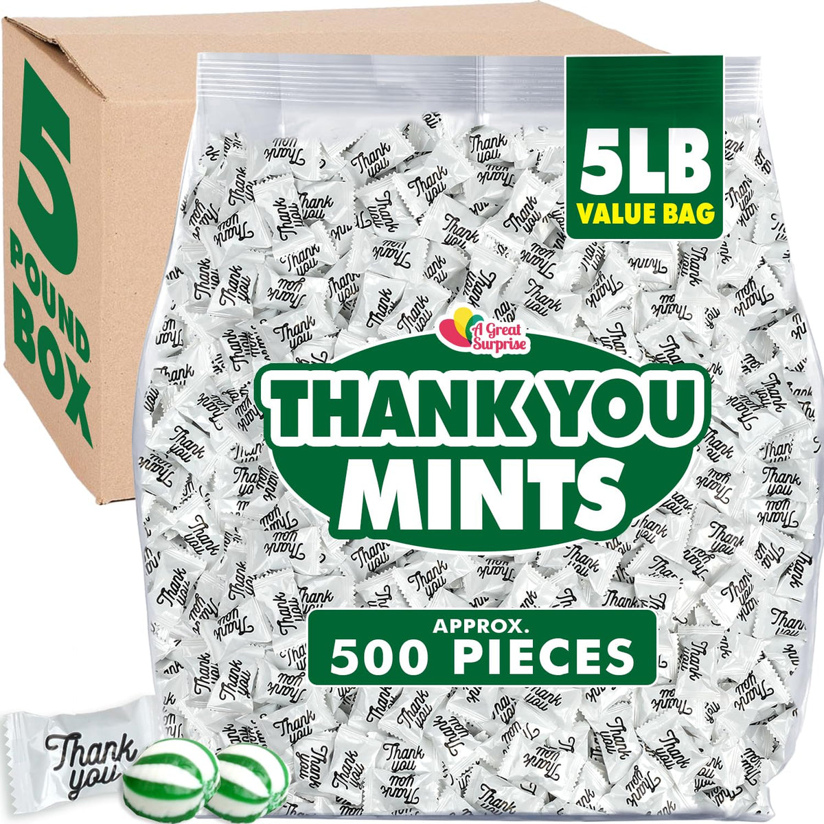 Thank You Hard Candy Mints - 5 Pounds - Individually Wrapped Spearmint - Sweets for Hospitality, Office Reception, Weddings, Gif
