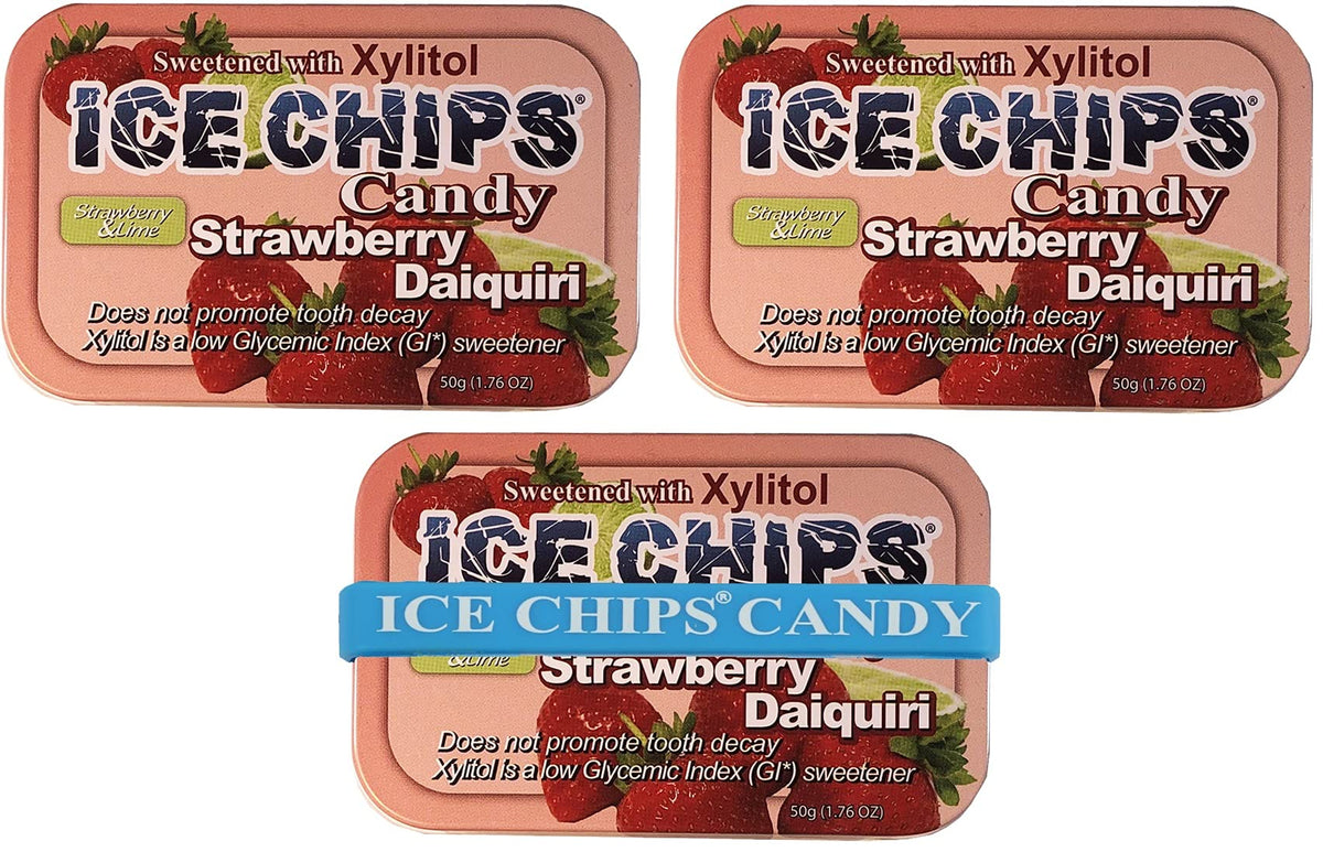 ICE CHIPS Xylitol Candy Tins - Strawberry Daiquiri Flavor, 3 Pack