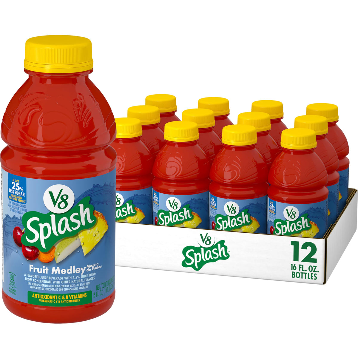 V8 Splash Fruit Medley Juice Beverage, 16 Fl Oz Bottle, Pack of 12