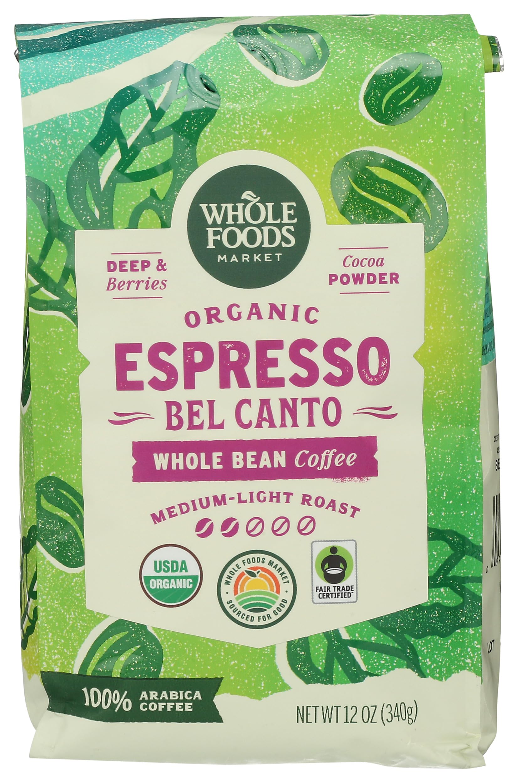 Whole Foods Market, Organic Espresso Bel Canto Whole Bean Coffee, Medium-Light Roast, Berries & Cocoa Powder, 12 Ounce