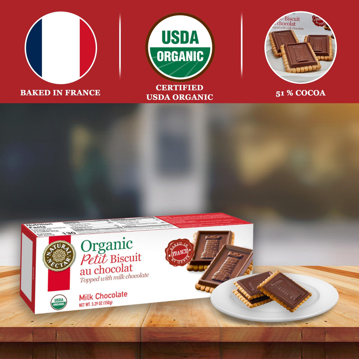 Natural Nectar Organic Milk Chocolate Petit Biscuit - Perfect With Coffee Or As A Snack | Usda Organic Cookie Certified – 5.29 Oz