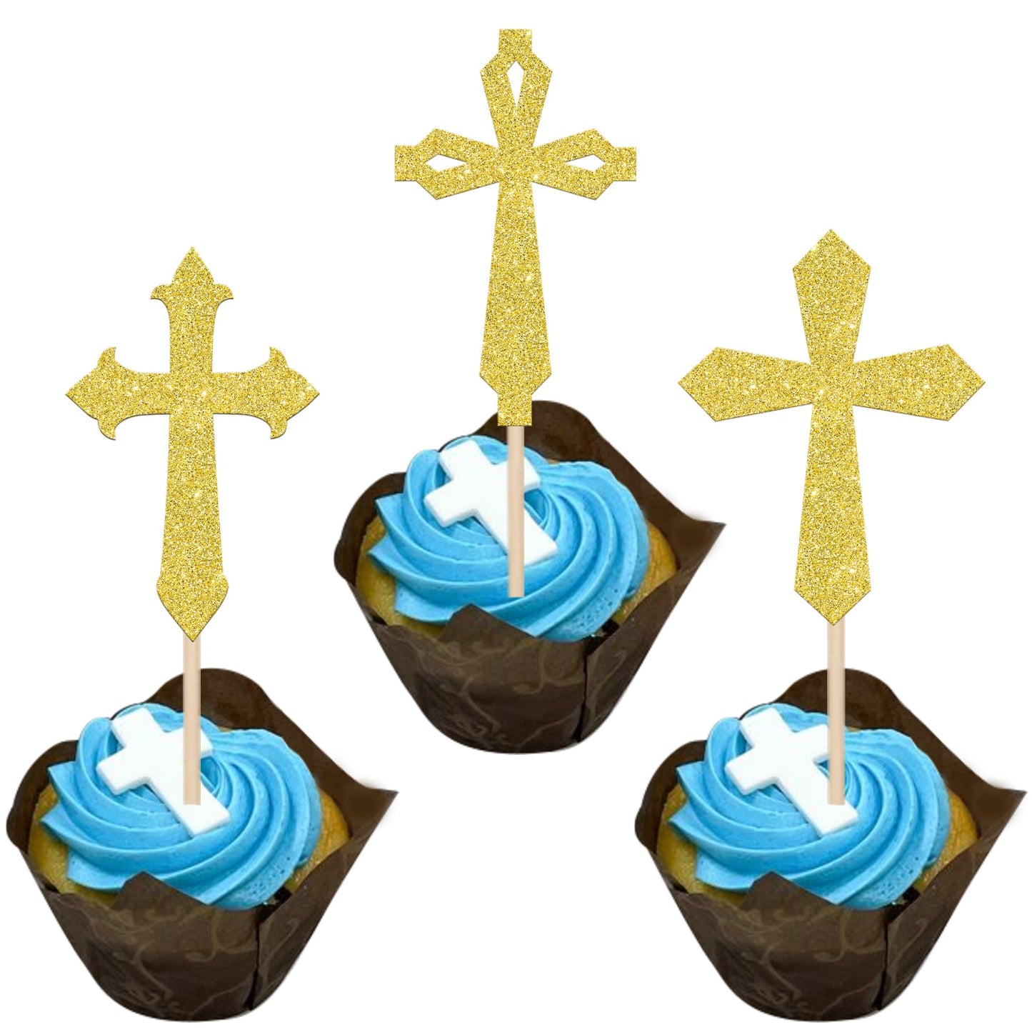 YCTHUNFISH Cupcake Toppers, 24 Pack, Glitter, Religious Theme, Gold, Cardstock for Baptism, First Holy Communion, Birthday Party Decorations