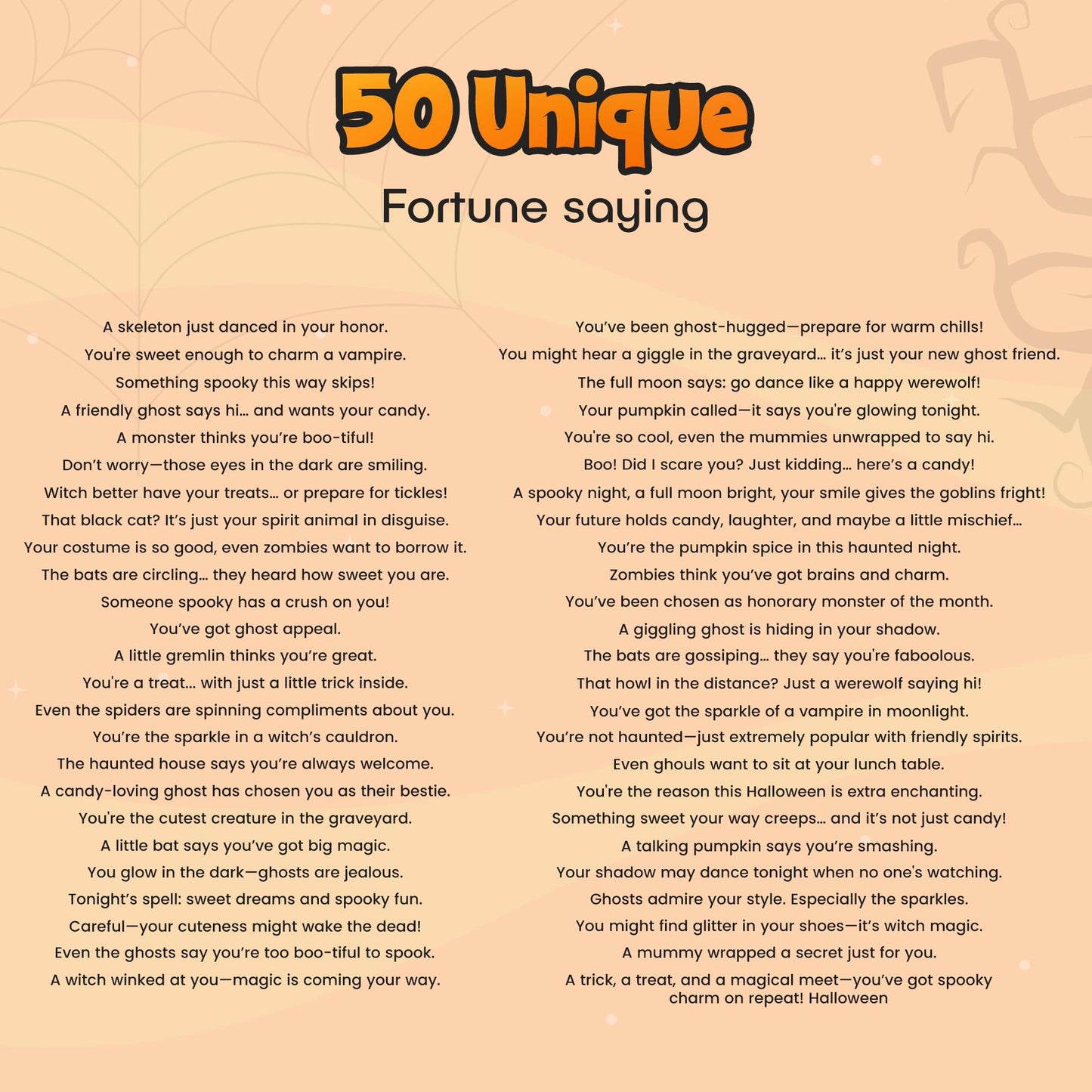 4Es Novelty Halloween Fortune Cookies Bulk - 50 Individually Wrapped with 50 Funny & Scary Fortune Cookies Sayings for Kids & mature-themeds  Trick-or-Treat Perfect for Halloween Party