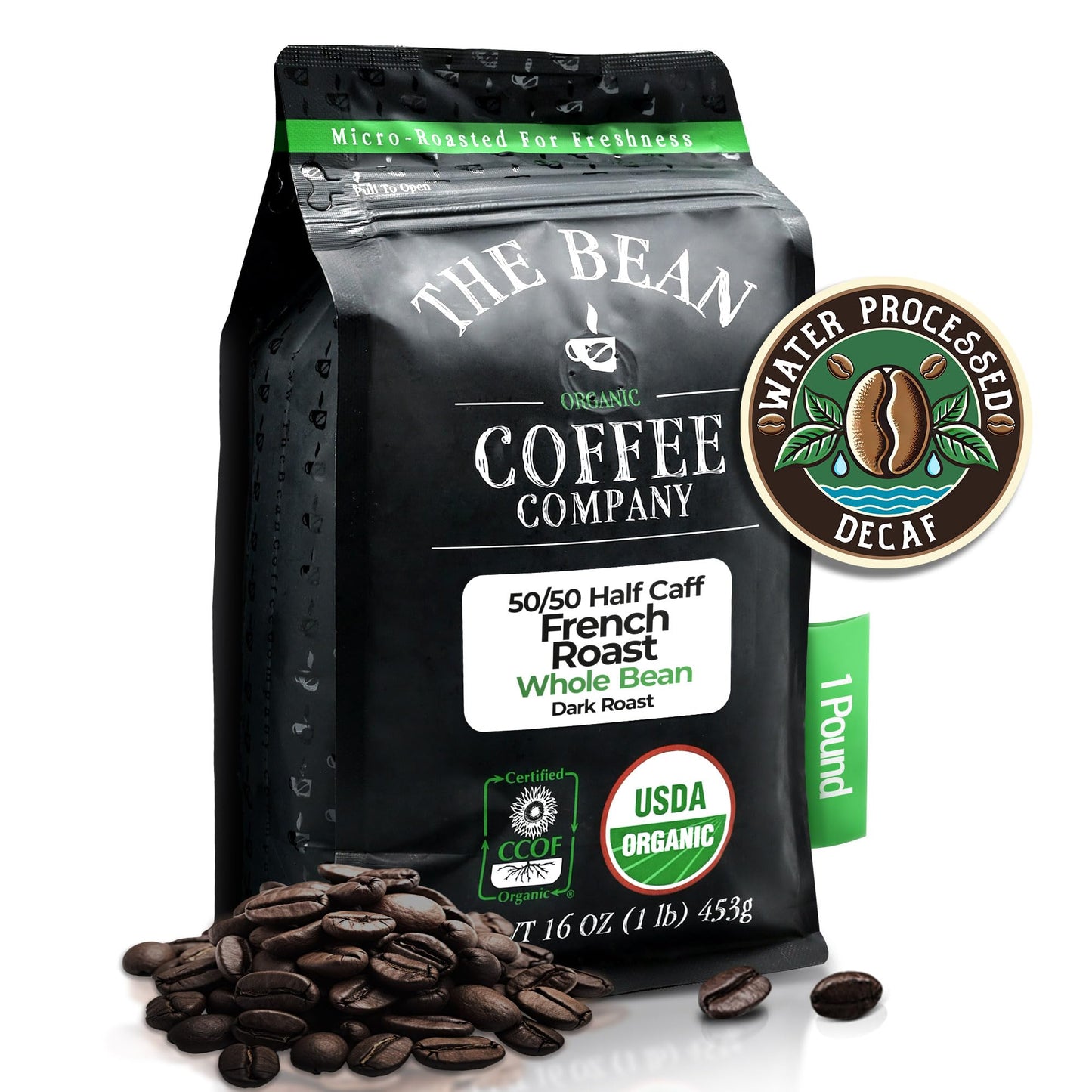The Bean Organic Coffee Company French Roast 50% Decaf Whole Bean Coffee 16-Ounce Bag USDA Organic Certified