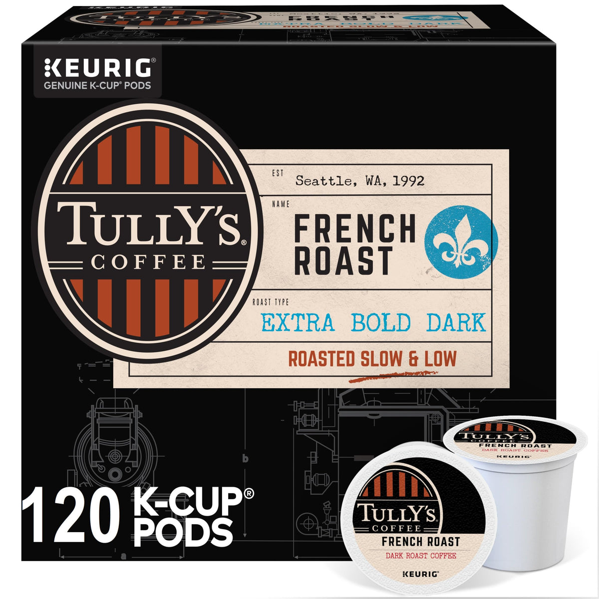 Tully'S Coffee, French Roast, Single-Serve Keurig K-Cup Pods, Dark Roast Coffee, 120-Count (5 Boxes Of 24 Pods)