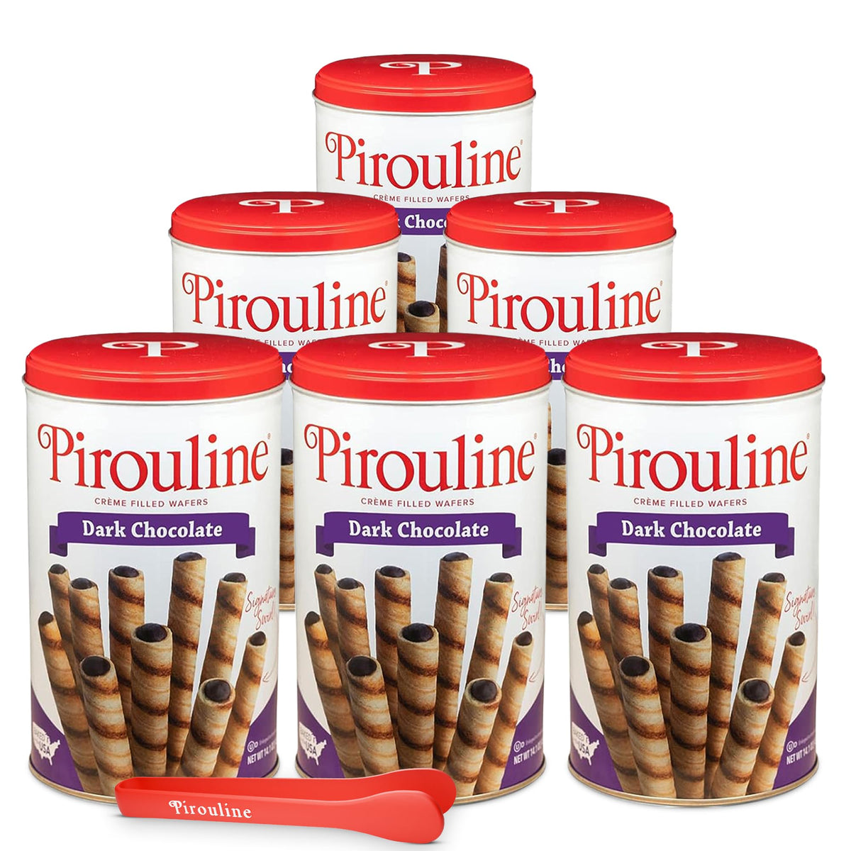 Pirouline Rolled Wafers – Dark Chocolate – Rolled Wafer Sticks Bundled With Serving Tongs, Crème Filled Wafers For Coffee, Tea, Ice Cream, Snacks, Parties, Gifts, And More – 14Oz Tin 6Pk