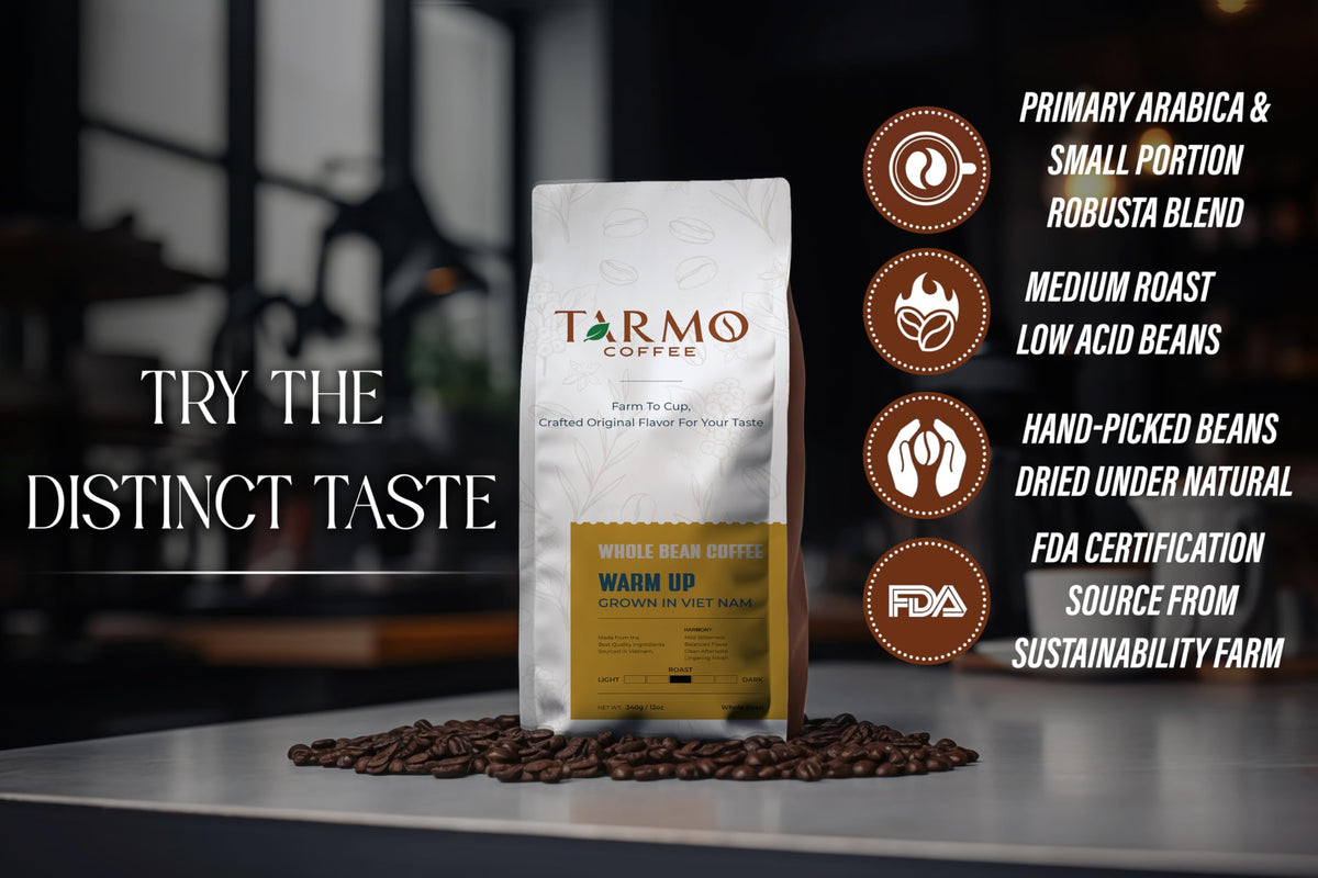 TARMO COFFEE Low Acid 100% ROBUSTA Whole Bean Coffee, Specialty Vietnamese, Medium Roast, 12 Oz Bag