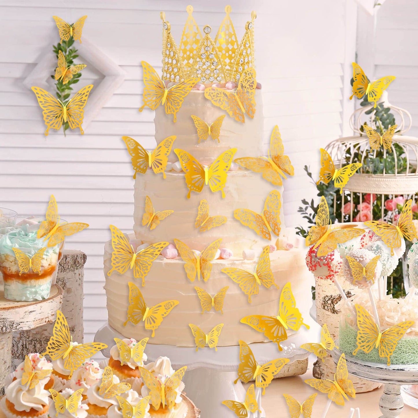 Billbotk Flower Bouquet Accessories Set, 53 Pcs Gold Crowns & Butterflies, Cake Topper for Parties, Model CCT-5