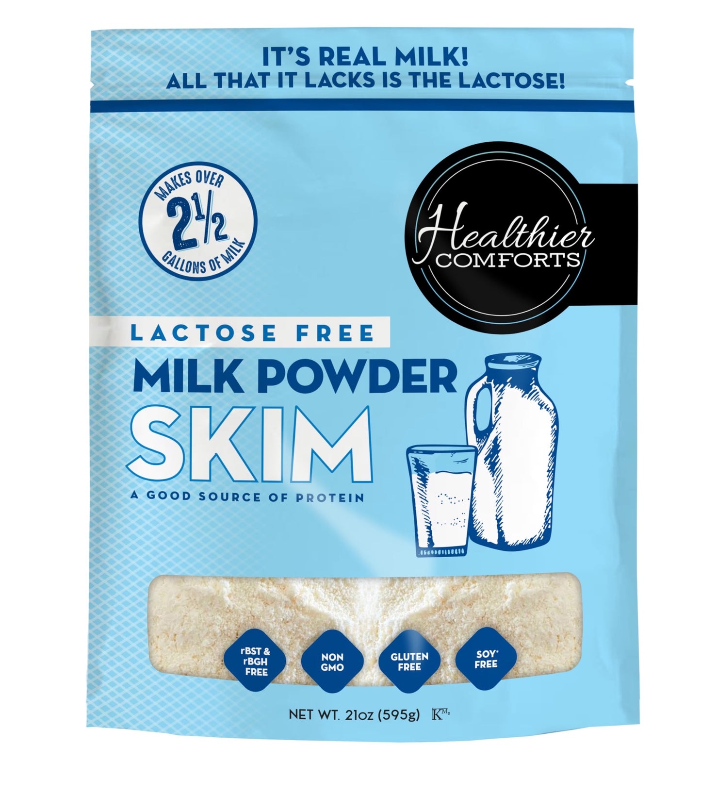 Healthier Comforts Lactose Free Skim Milk Powder, High Protein, Fat Free, 21 oz