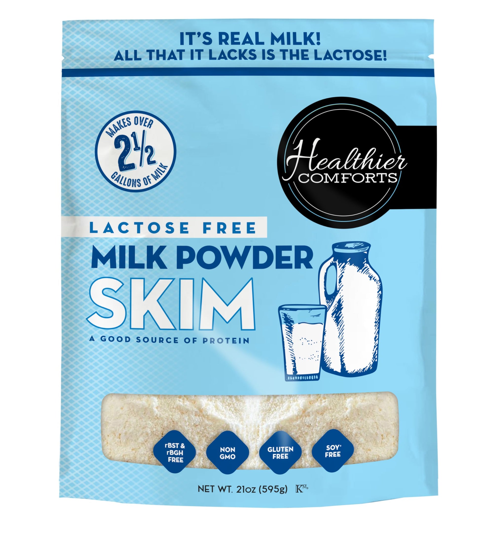 Healthier Comforts Lactose Free Skim Milk Powder, High Protein, Fat Free, 21 oz