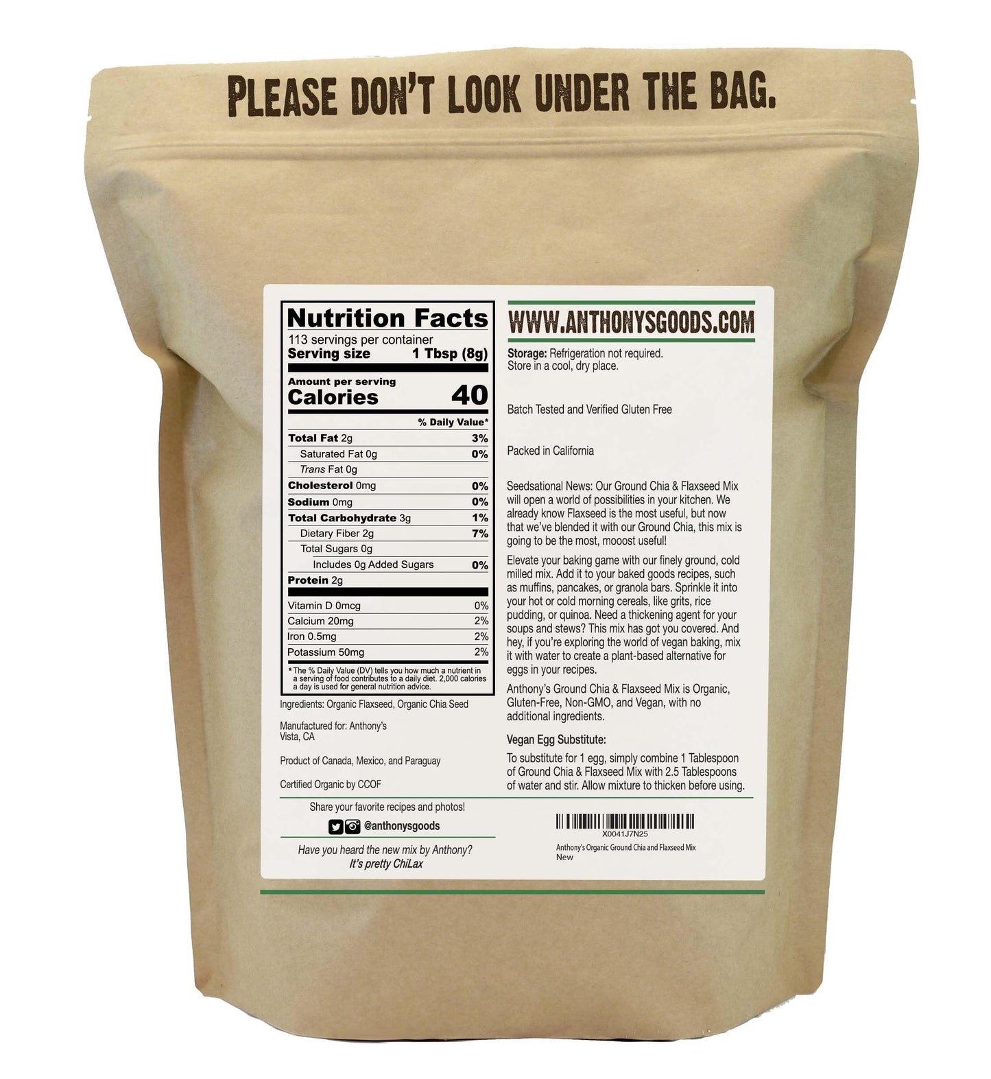 Anthonys Organic Ground Chia and Flaxseed Mix, 2 lb, Gluten Free, Finely Ground, Cold Milled, Non GMO