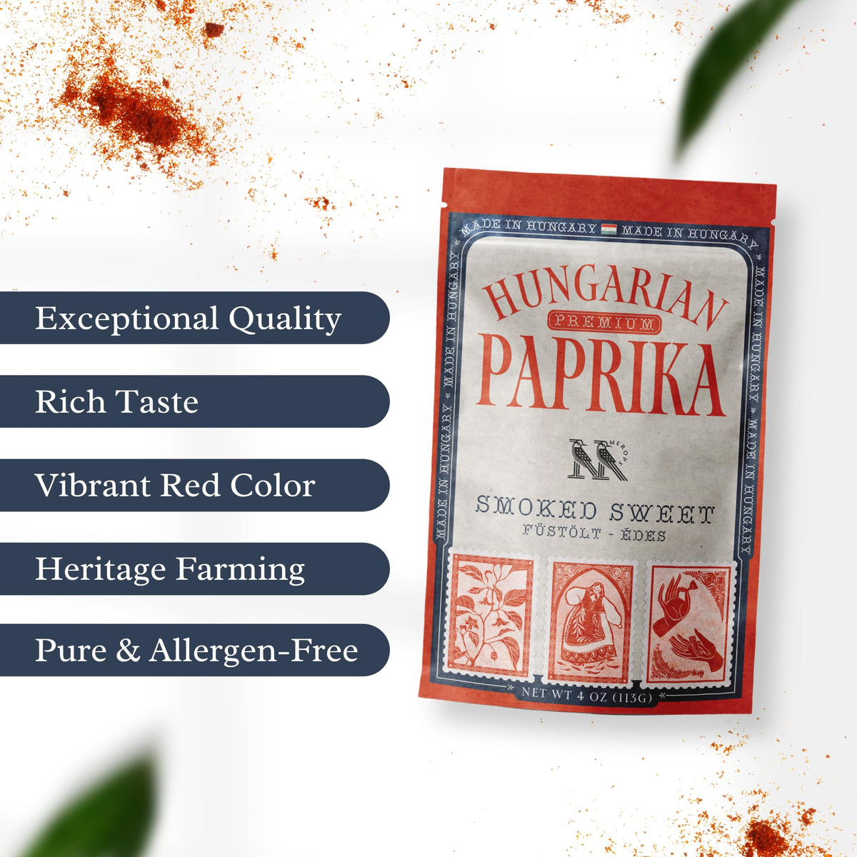 MEROPS Premium Smoked Sweet Hungarian Paprika Powder - Non-GMO, Deep Red Color - 4 oz Resealable Bag