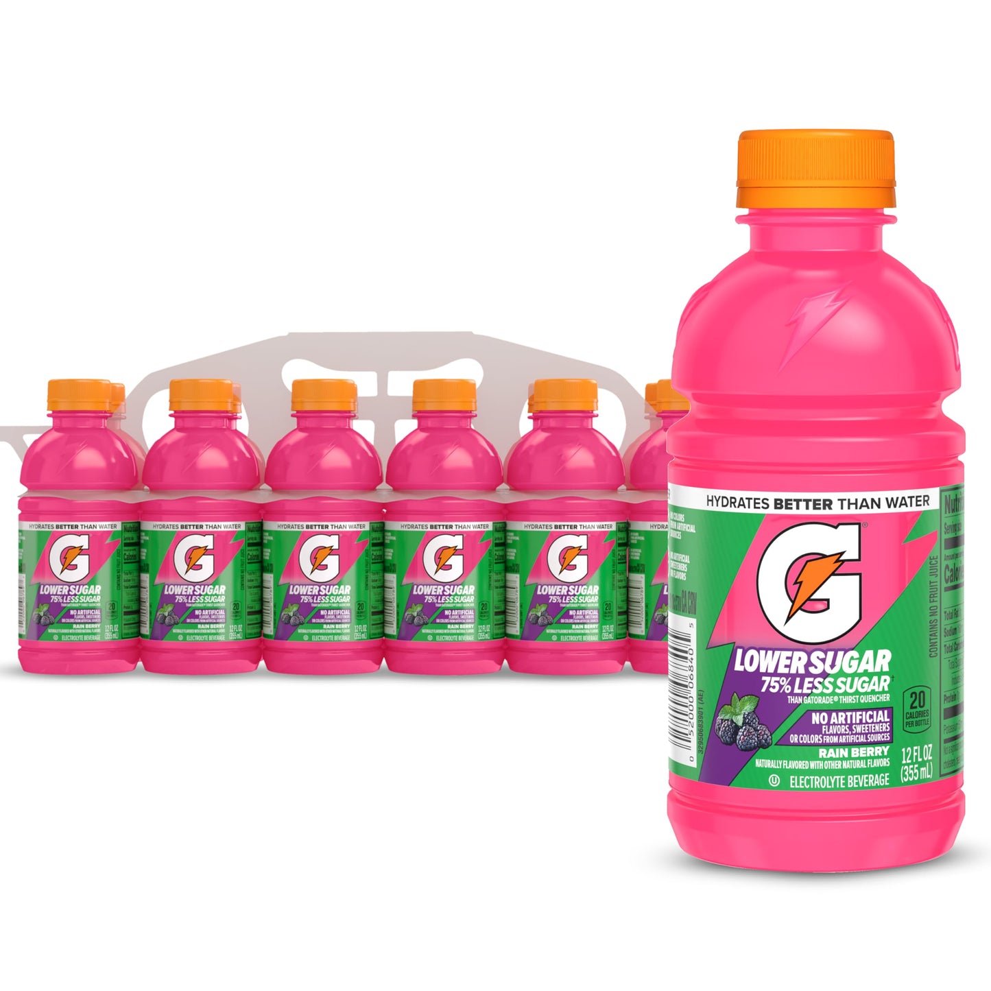 Gatorade Lower Sugar Electrolyte Sports Drink, Rain Berry, 12 fl oz Bottles, (12 Pack), 75% Less Sugar, No Artificial Flavors, N