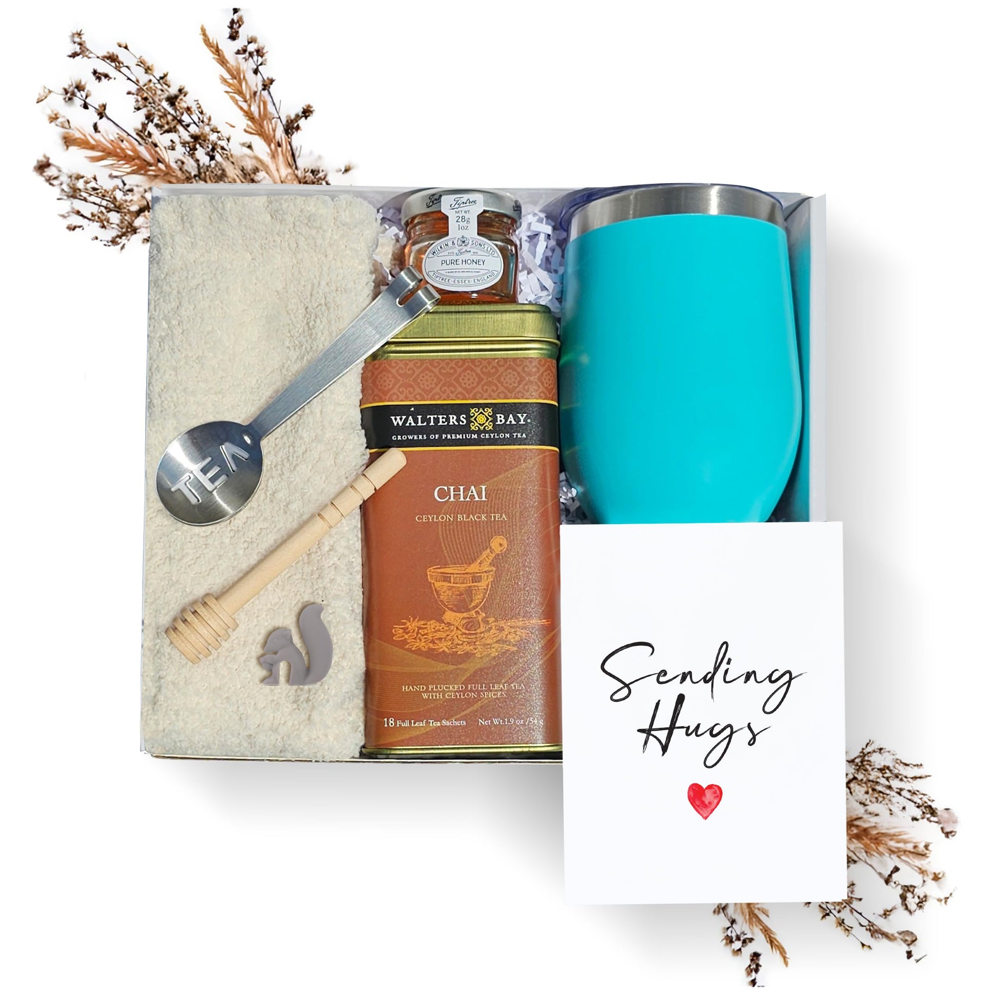 Tea Gift Set For Women – Get Well Basket With Cozy Socks, 18 Full Leaf Sachets, Honey, Tumbler & Sending Hugs Card (Chai)