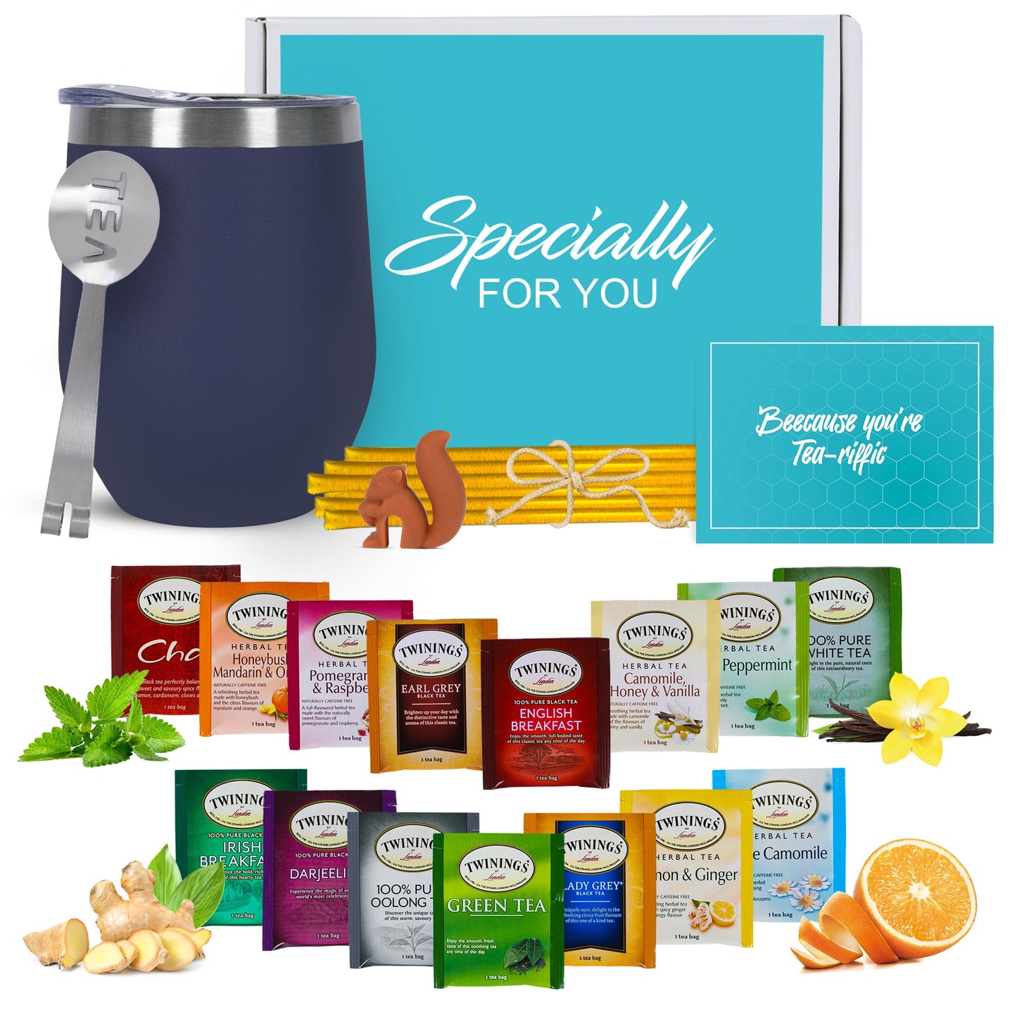 Tea Gift Set For Women And Men – Elegant Tea Sets For Women Gift With 15 Unique Teas, Stainless Steel Tumbler & 10 Honey Straws In Enhanced Box (Blue)