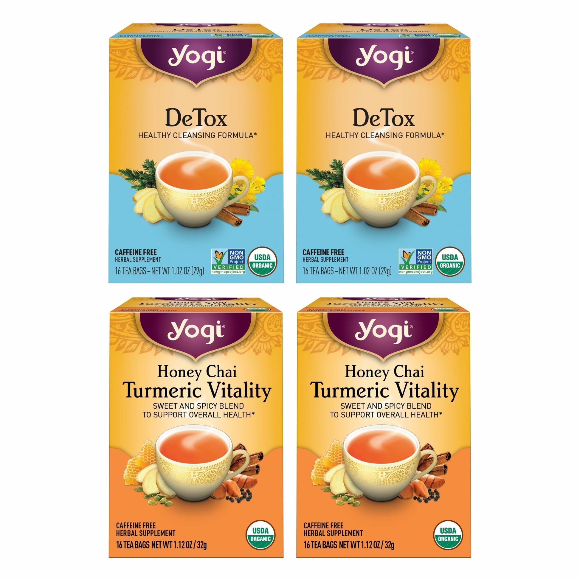 Yogi Tea Detox And Wellness Variety Pack 4Pk - 16 Bags Per Pack (4 Pack) - Organic Herbal Cleansing Teas - Includes (2 Boxes Each) Of Honey Chai Turmeric Vitality & Detox - Energy Blend-Free Teas
