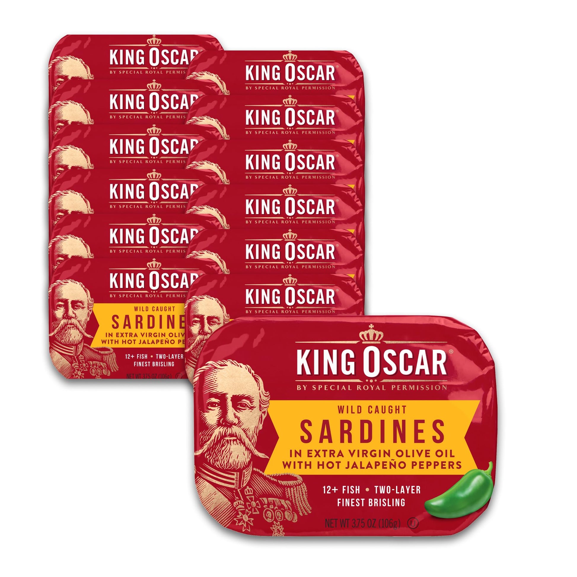 King Oscar Wild Caught Sardines in Extra Virgin Olive Oil  Hot Jalapeno Peppers  3.75 Ounce (Pack of 12)