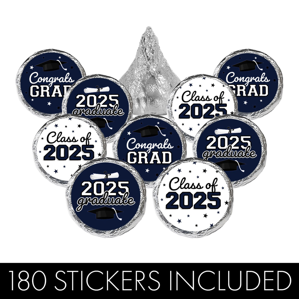 Navy Blue Graduation Party Stickers For Kisses Candy, Chocolate Drops, 2025 Grad Party Favors - 180 Count