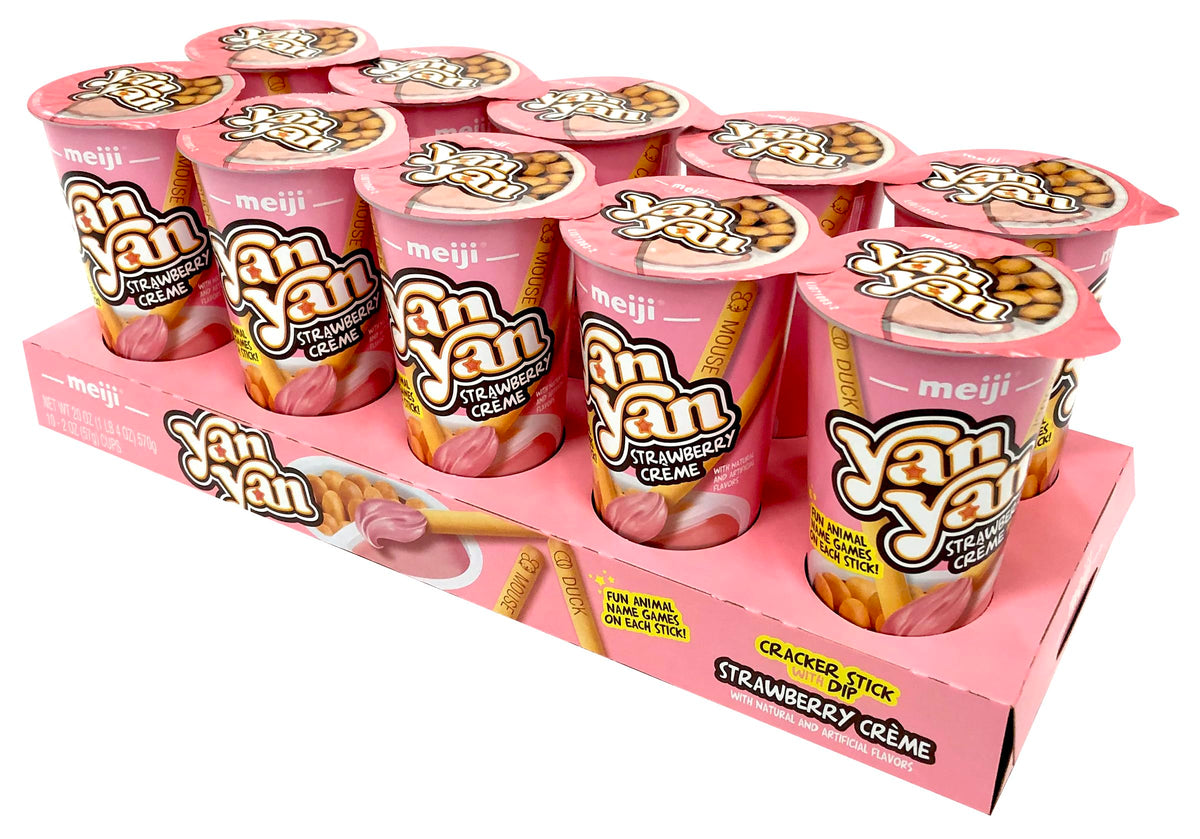 Meiji Yan Yan Dipping Sticks, Strawberry Crème - 2 Oz, Pack Of 10 - Cracker Sticks With Fun Animals Phrases