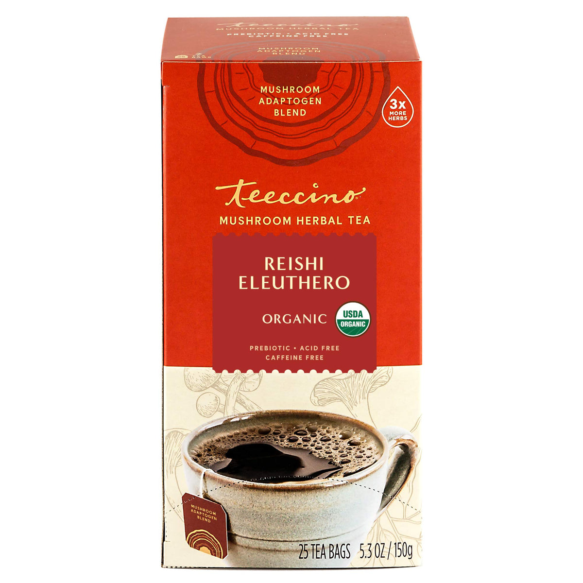 Teeccino Reishi Eleuthero Tea - Organic Caffeine-Free Herbal Tea, 25 Tea Bags, French Roast Flavor