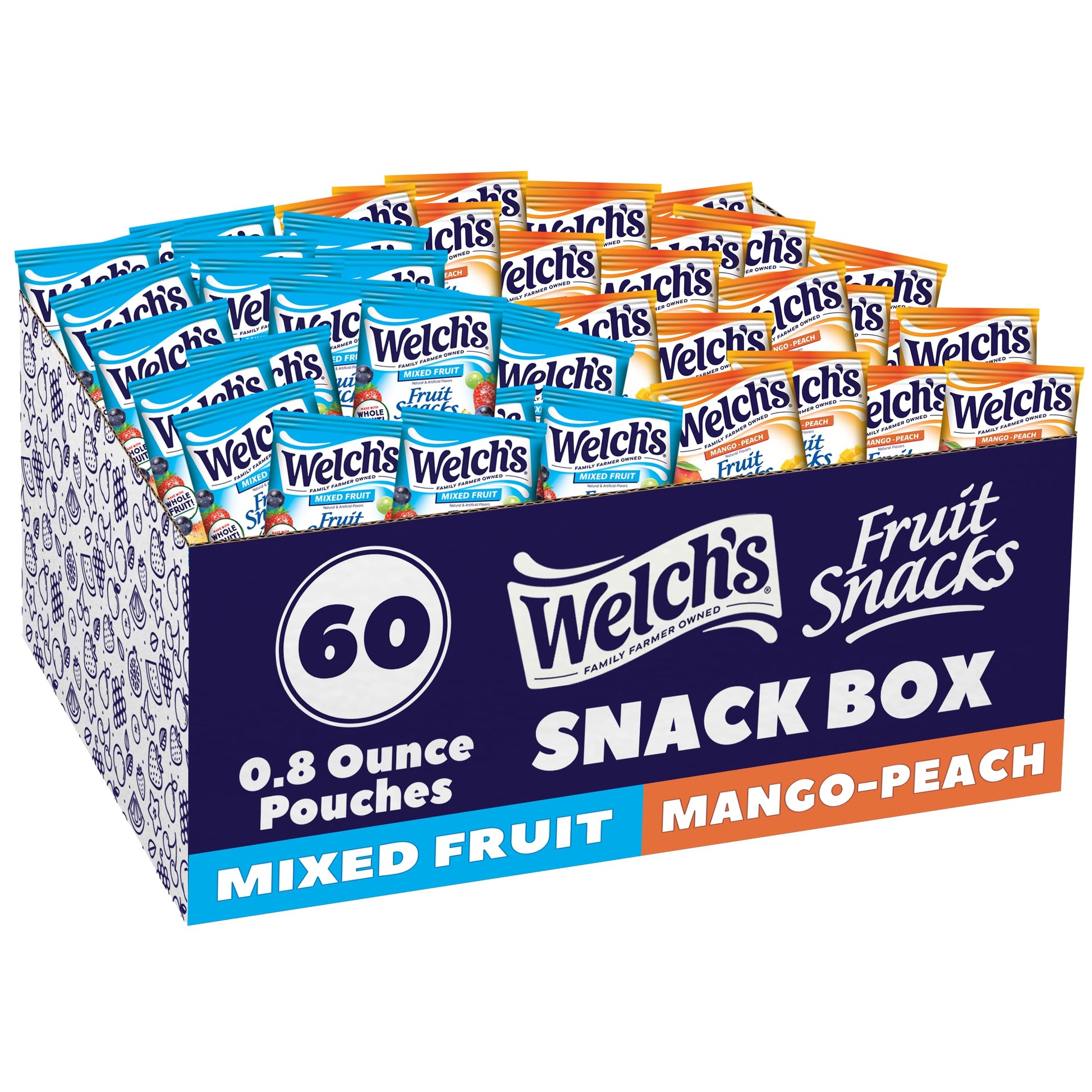 Welchs Fruit Snacks  Mixed Fruit & Mango Peach Snack Box  Gluten Free  Stocking Stuffers  0.8oz Snack Packs (Pack of 60)
