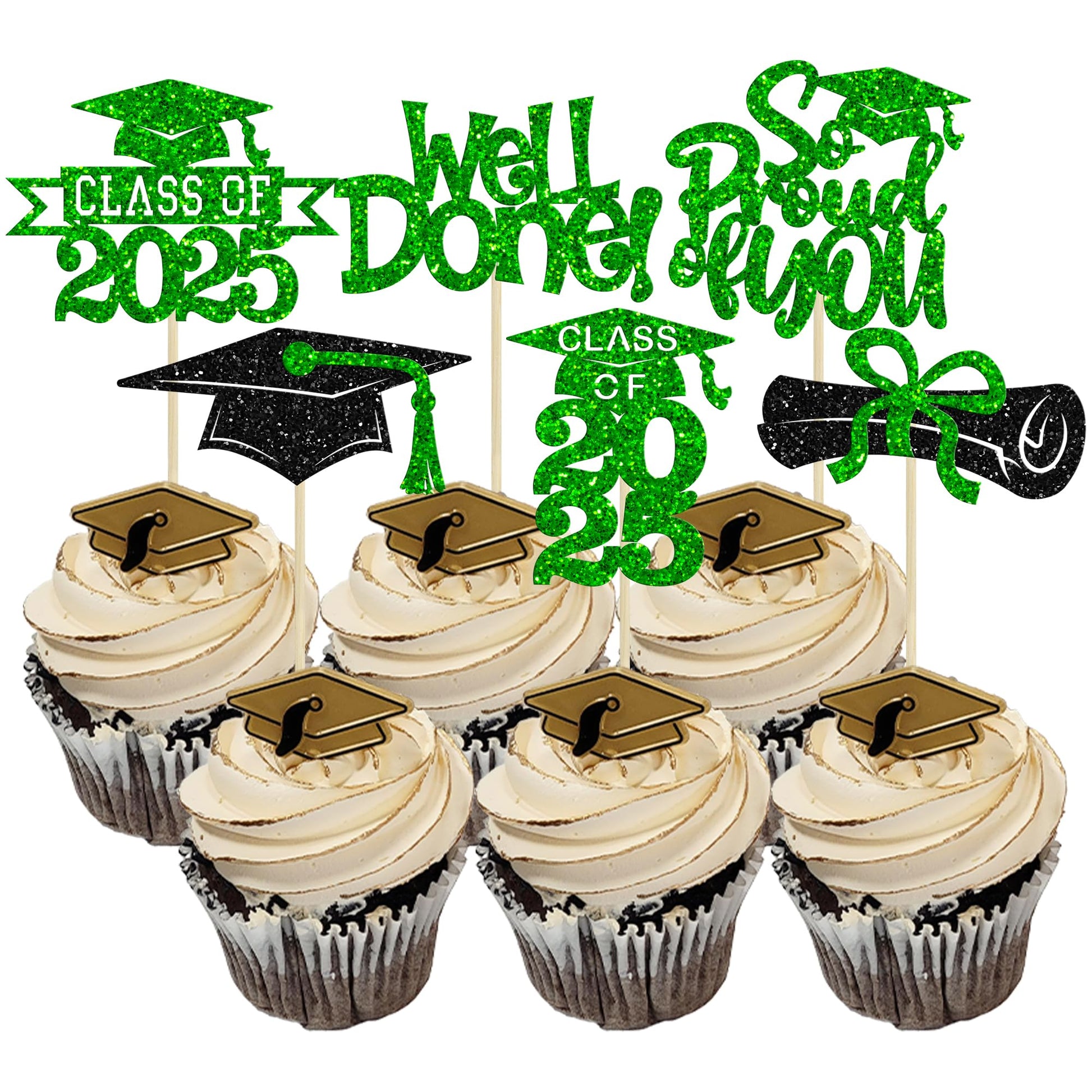 Gyufise Cupcake Toppers, 24 Pcs, Glitter Graduation Congrats Grad 2025, Green, Paper