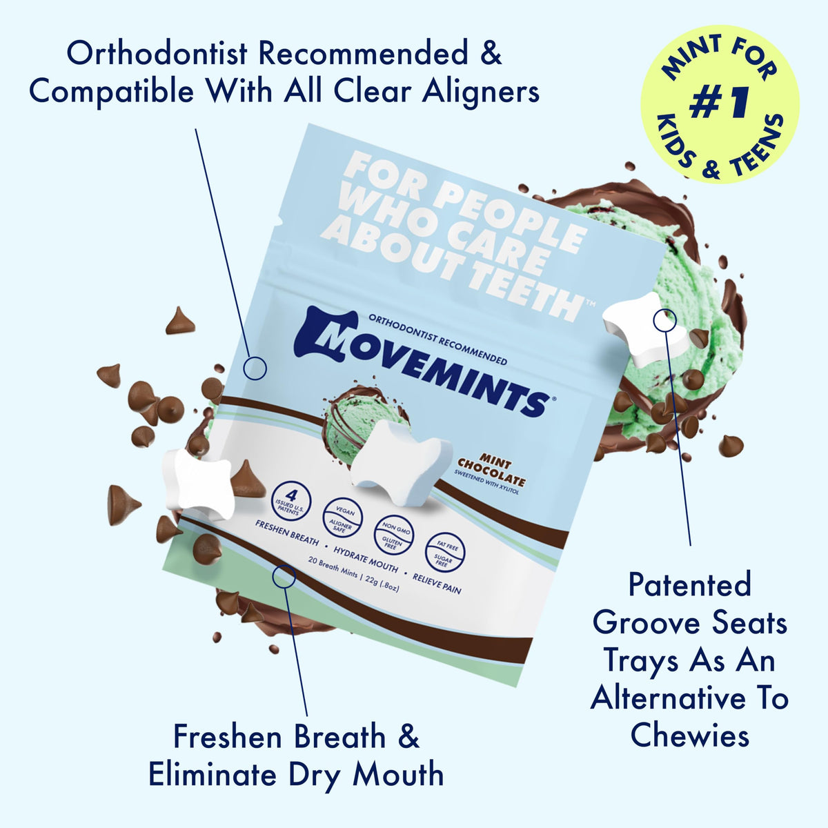 Movemints Clear Aligner Mints - Patented Aligner Seating Mints - Edible Alternative To Aligner Chewies - Xylitol Mints For Dry Mouth - Mint Chocolate (7 Pack)